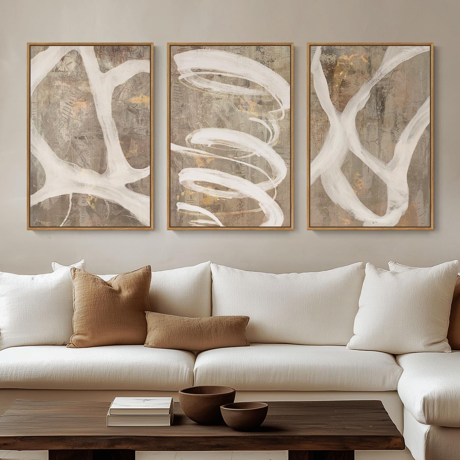 Large Framed Neutral Abstract Wall Art for Living Room, 3 Piece Modern Canvas Prints Paintings Artwork for Walls, Black Beige Brown Neutral Tone Pictures for Hallway Bedroom Office Wall Decor 24x36 In