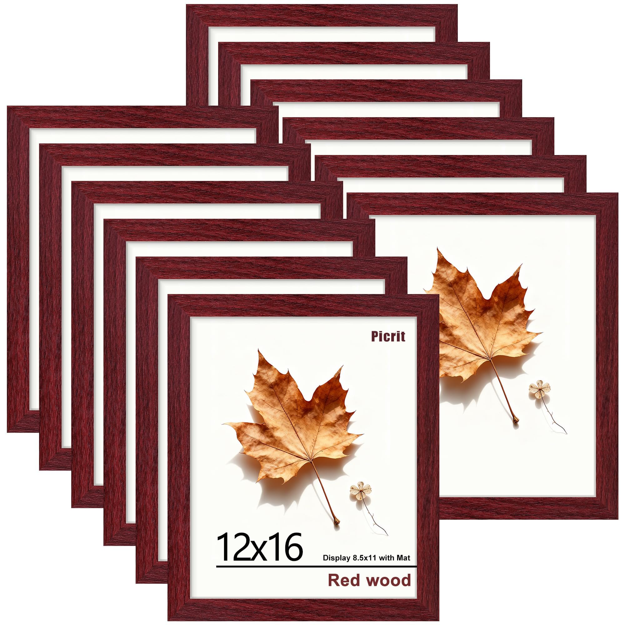 Picrit 8x10 Picture Frame Set of 12, Display 5x7 with Mat or 8x10 without Mat, Photo Frames for Wall Mounting or Table Top Display, Black
