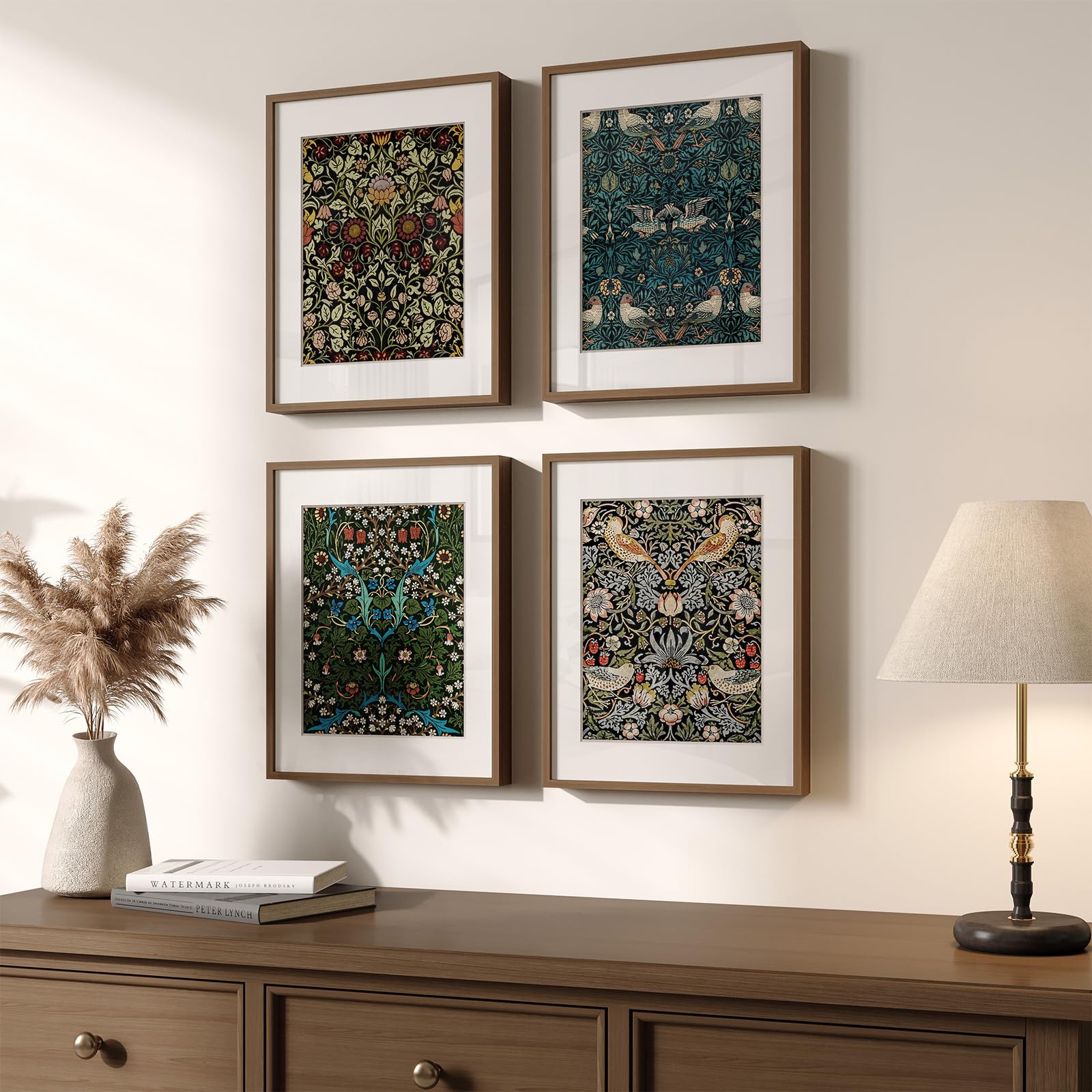 Framed Large William Morris Canvas Wall Art Set of 3, Vintage Nature Floral Artwork Prints, Boho Neutral Botanical Wall Decor for Living Room, Bedroom, Hallway and Office, Total Size 30x60