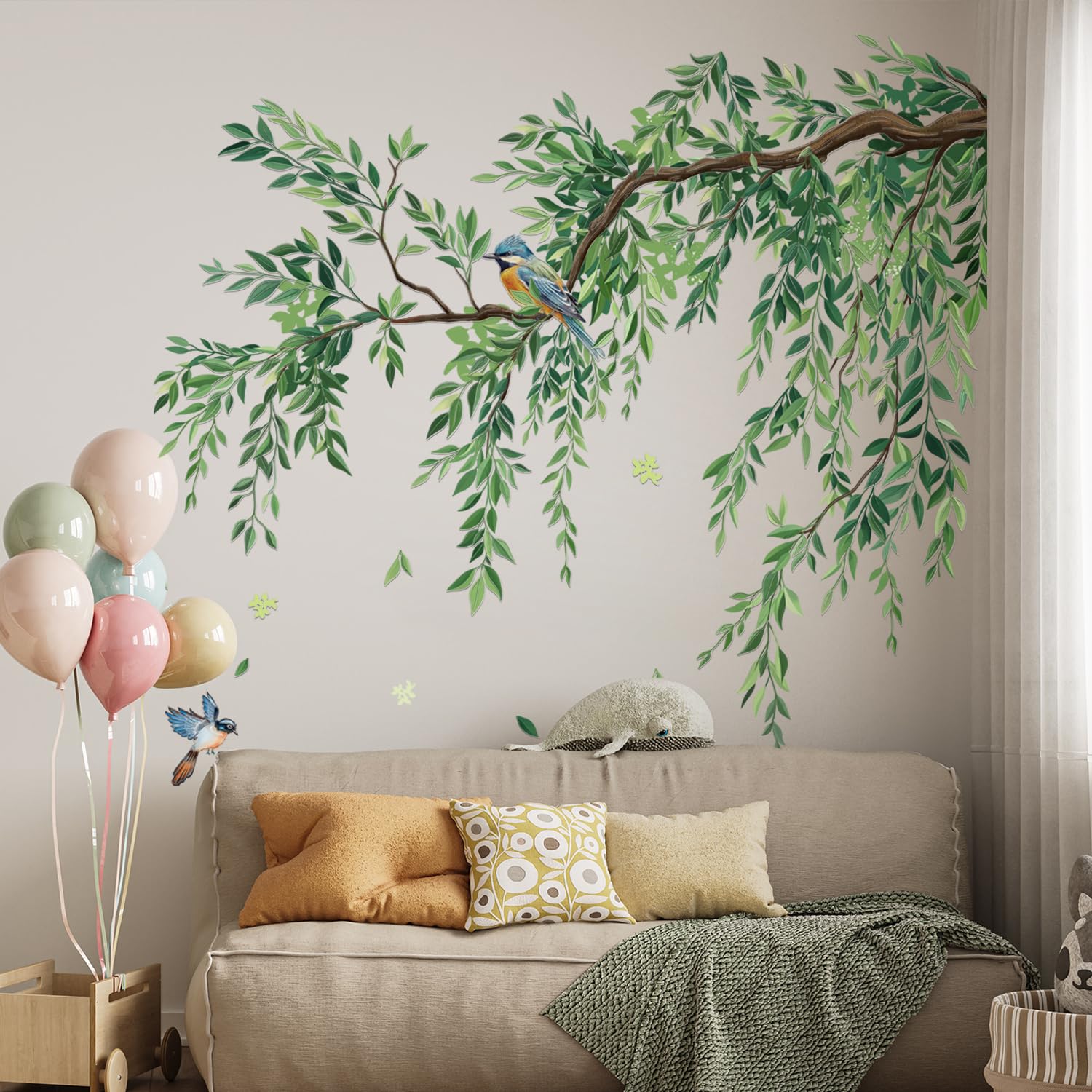 Lilac Wall Decoration Large Green Tree Wall Stickers, 3 Sheets Hanging Vine Tree Wall Decals Peel and Stick Leaves Branch Wall Murals Decor for Living Room Bedroom (Green, 11.8 * 35.4inch)