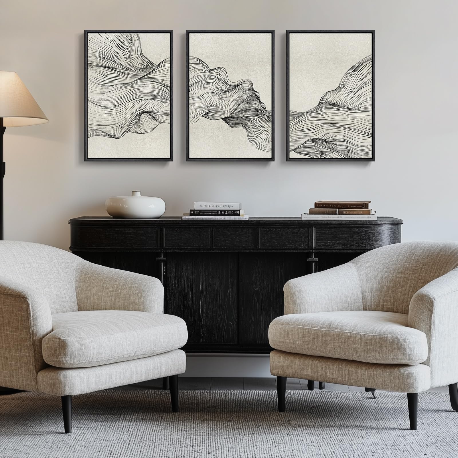 Large Framed Boho Modern Neutral Abstract Wall Art for Living Room, 3 Piece Black and White Canvas Prints Paintings Artwork for Walls, Geometric Pictures for Office Bedroom Dining Room Decor, 24x36 In