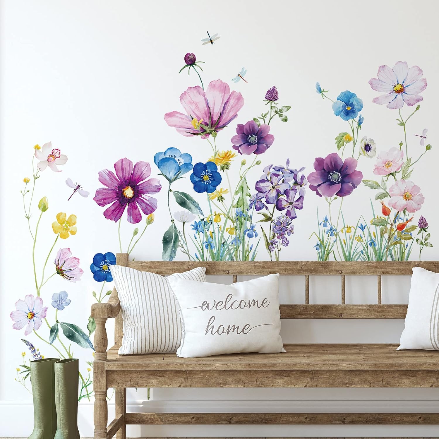 Zonon 6 Pcs Flowers Wall Decals Stickers Vinyl Removable Peel and Stick Colorful Dragonflies Floral Wall Murals Decor for Bedroom Living Room Nursery(Beautiful)