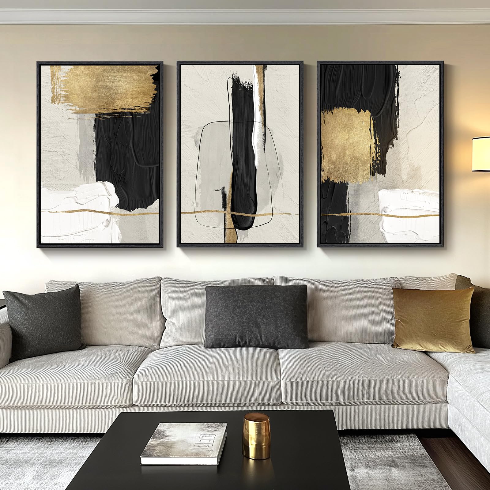 Large Framed Black and White Abstract Wall Art for Living Room, 3 Piece Big Modern Canvas Prints Paintings Artwork for Walls, Minimalist Abstract Art Pictures for Hallway, Office Wall Decor 24x36 In