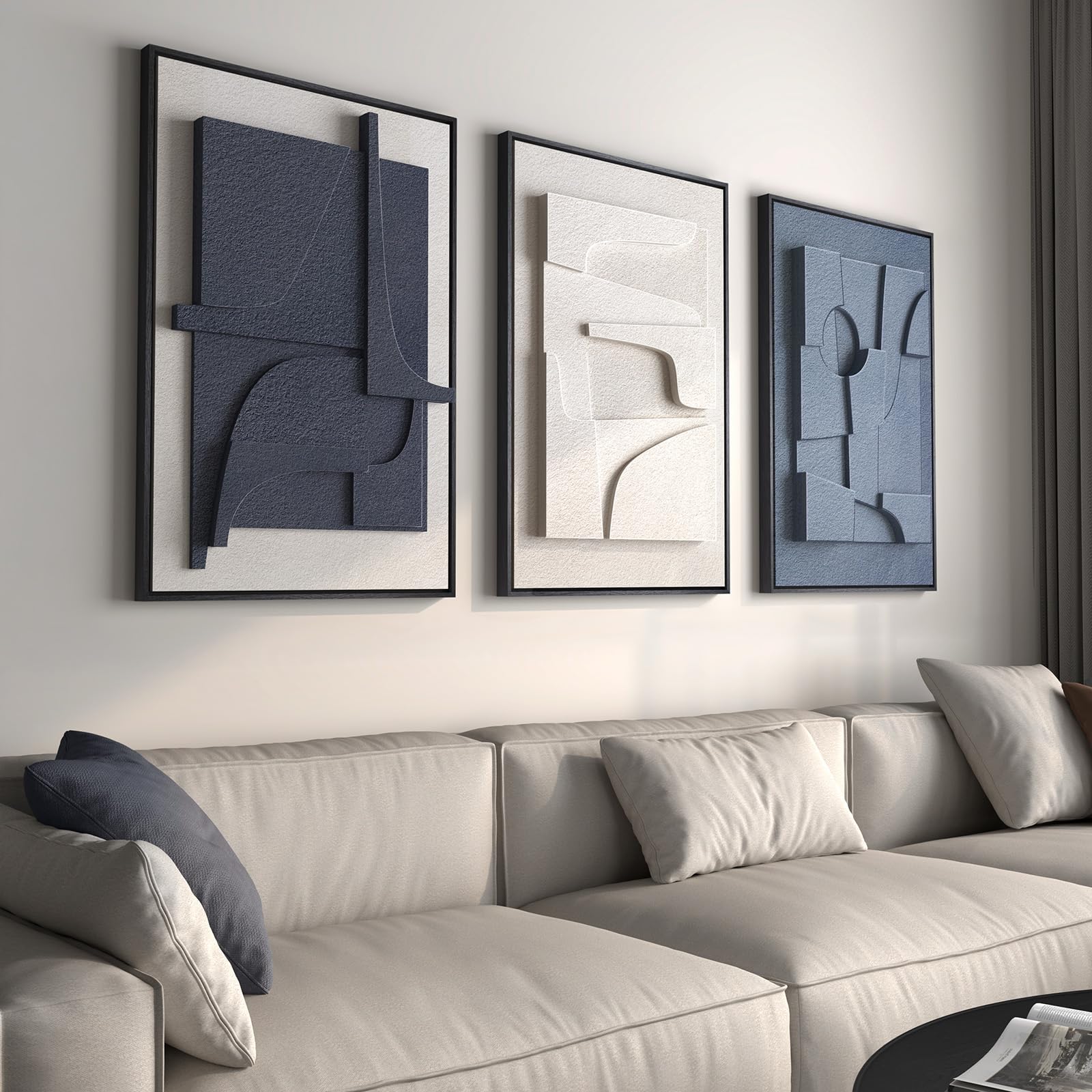 Large 3D Textured Framed Blue and White Abstract Wall Art for Living Room, 3 Piece Modern Artwork for Walls, Minimalist Navy Blue Geometric Paintings for Hallway, Stair, Office Wall Decor 24x36 In