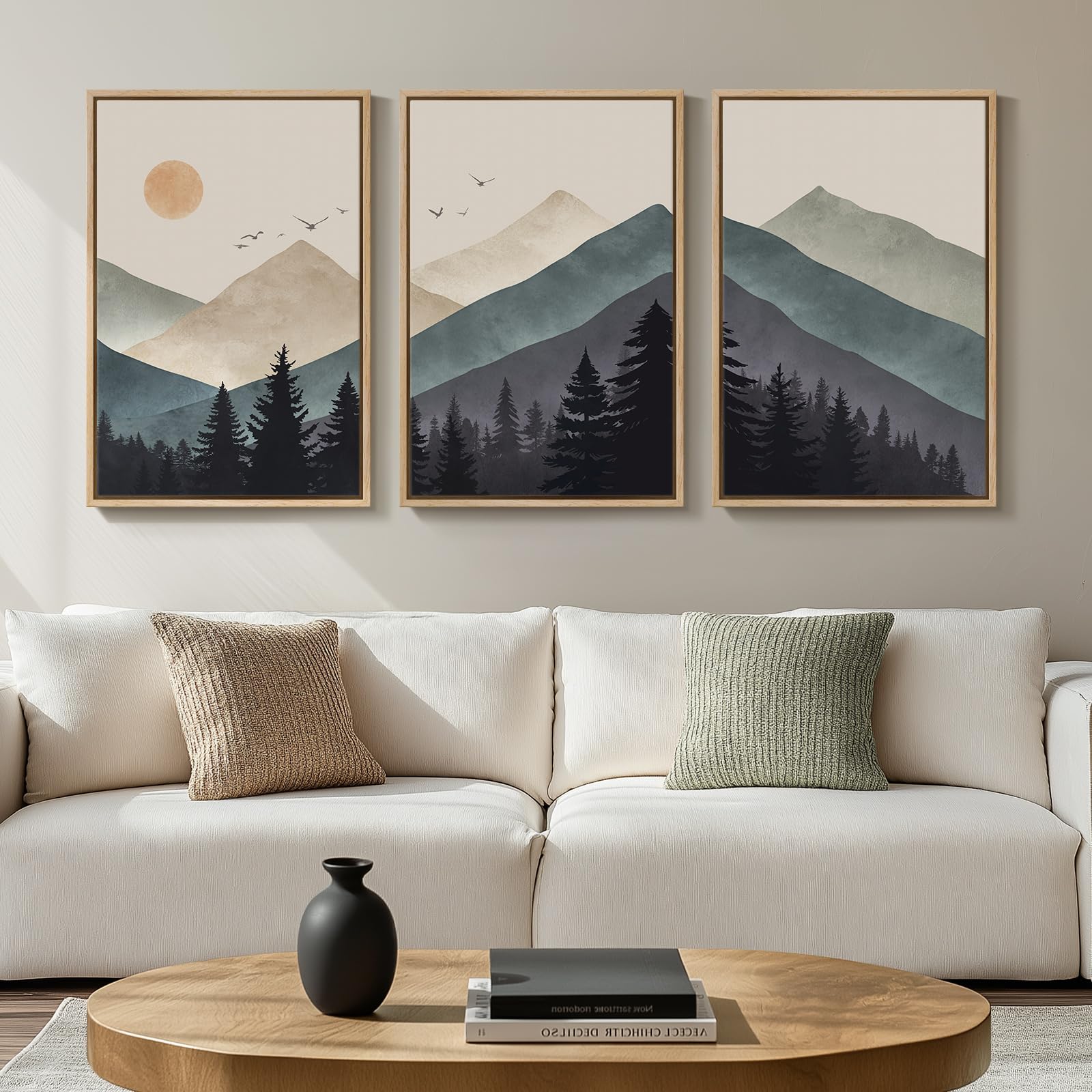 Framed Neutral Wall Art for Living Room, Large 3 Piece Abstract Pastel Grunge Forest Landscape Tree Canvas Artwork Set, Modern Art Decorative Nordic Painting Picture Prints for Hallway Office 24x36 In