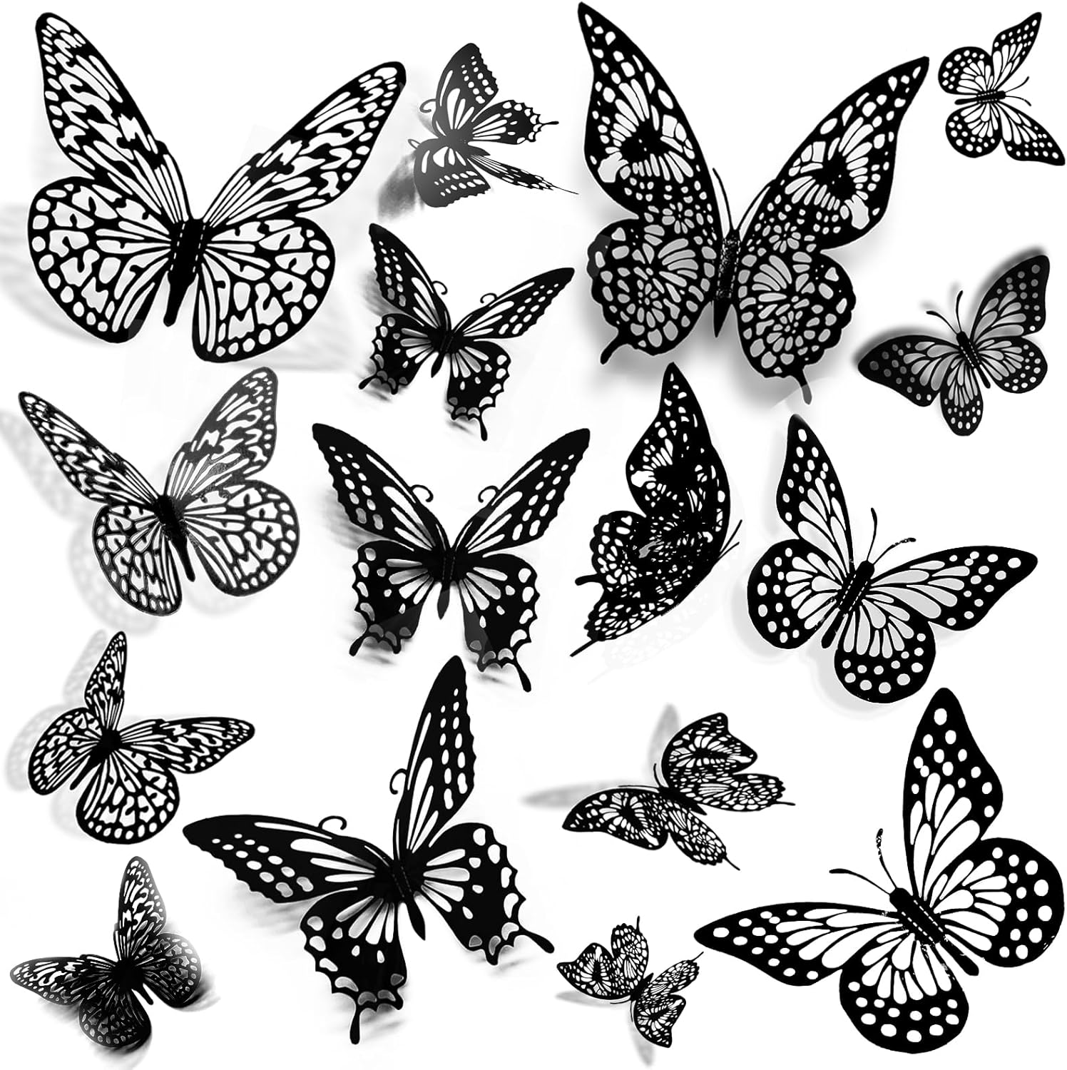 JOSDIOX 3D Black Butterfly Wall Stickers - 48 Pcs with 4 Styles & 3 Sizes, Removable Decor for Party Birthday Wedding Cake Balloon Decoration（48 Black