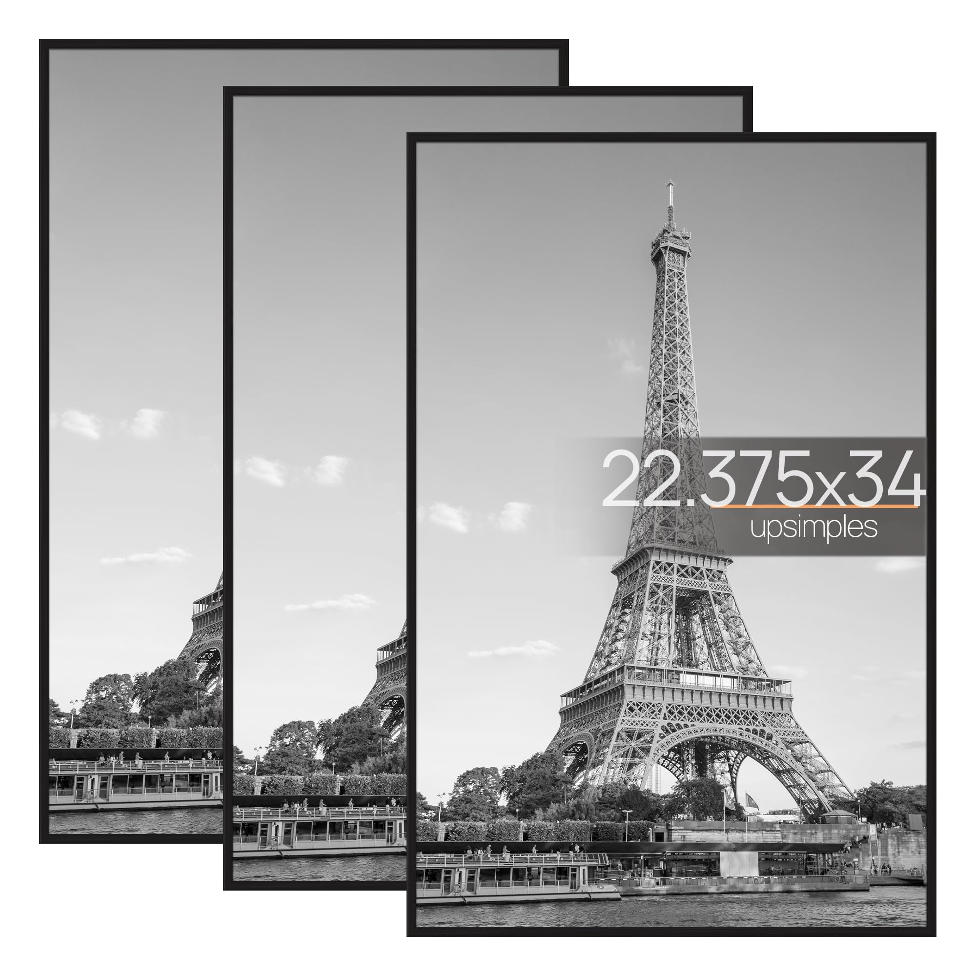 upsimples 16x24 Picture Frame Black 3 Pack, Scratch-Proof Poster Frames 16 x 24 for Photo Gallery - Slide-In Strips, Horizontal or Vertical Wall Mounting