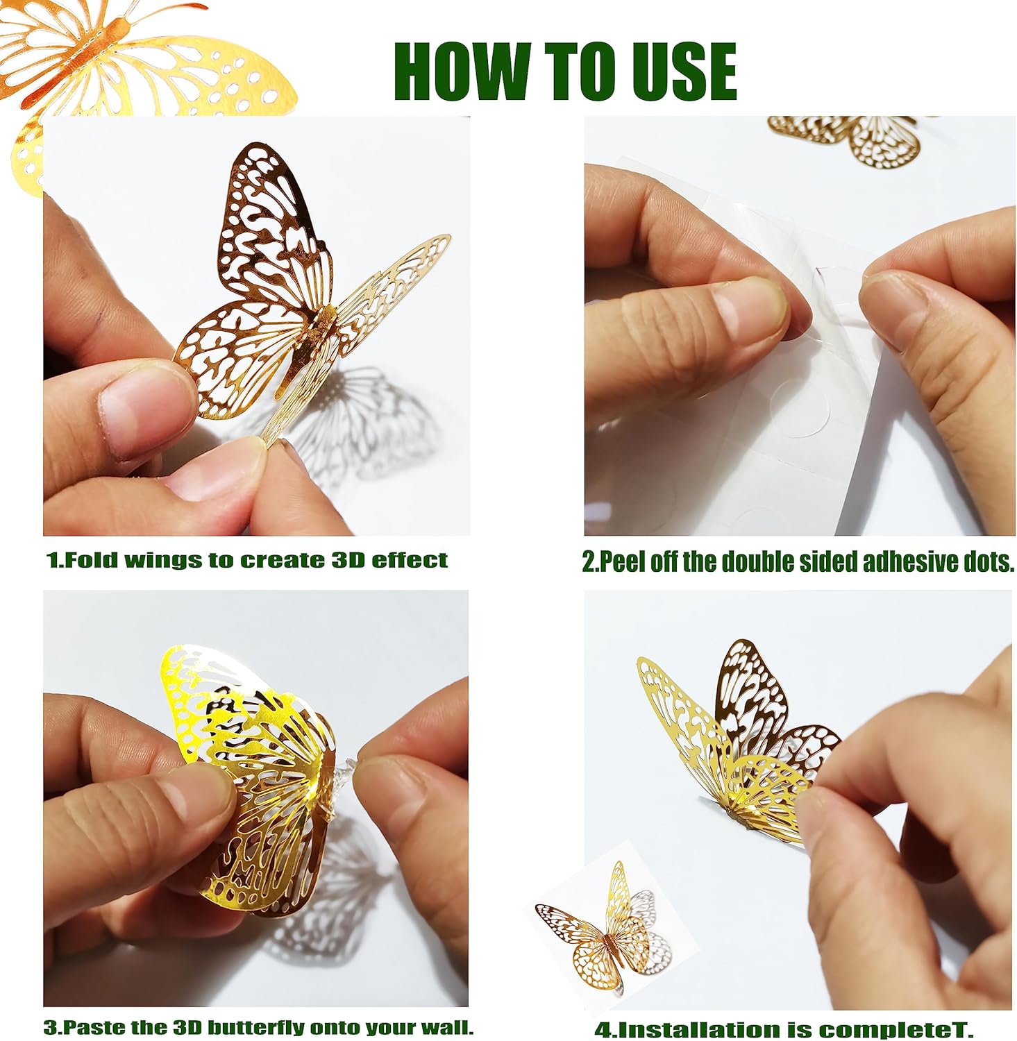 JOSDIOX 3D Butterfly Wall Decor Sticker -48 Pcs, 4 Styles, 3 Sizes Gold Butterflies Decoration for Party, Birthday & Wedding Celebrations, Cake Decorating, Balloons, Removable Stickers.