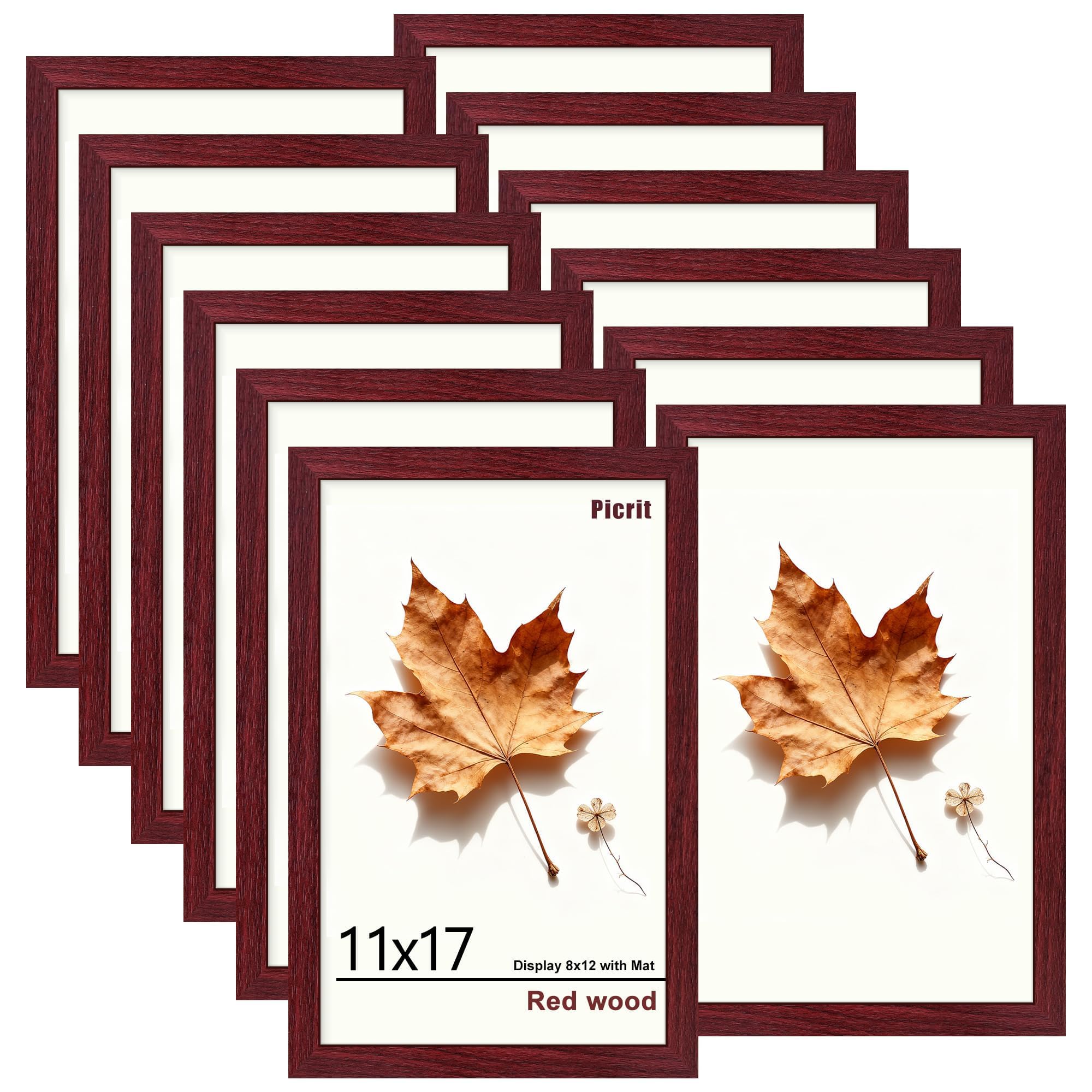 Picrit 8x10 Picture Frame Set of 12, Display 5x7 with Mat or 8x10 without Mat, Photo Frames for Wall Mounting or Table Top Display, Black