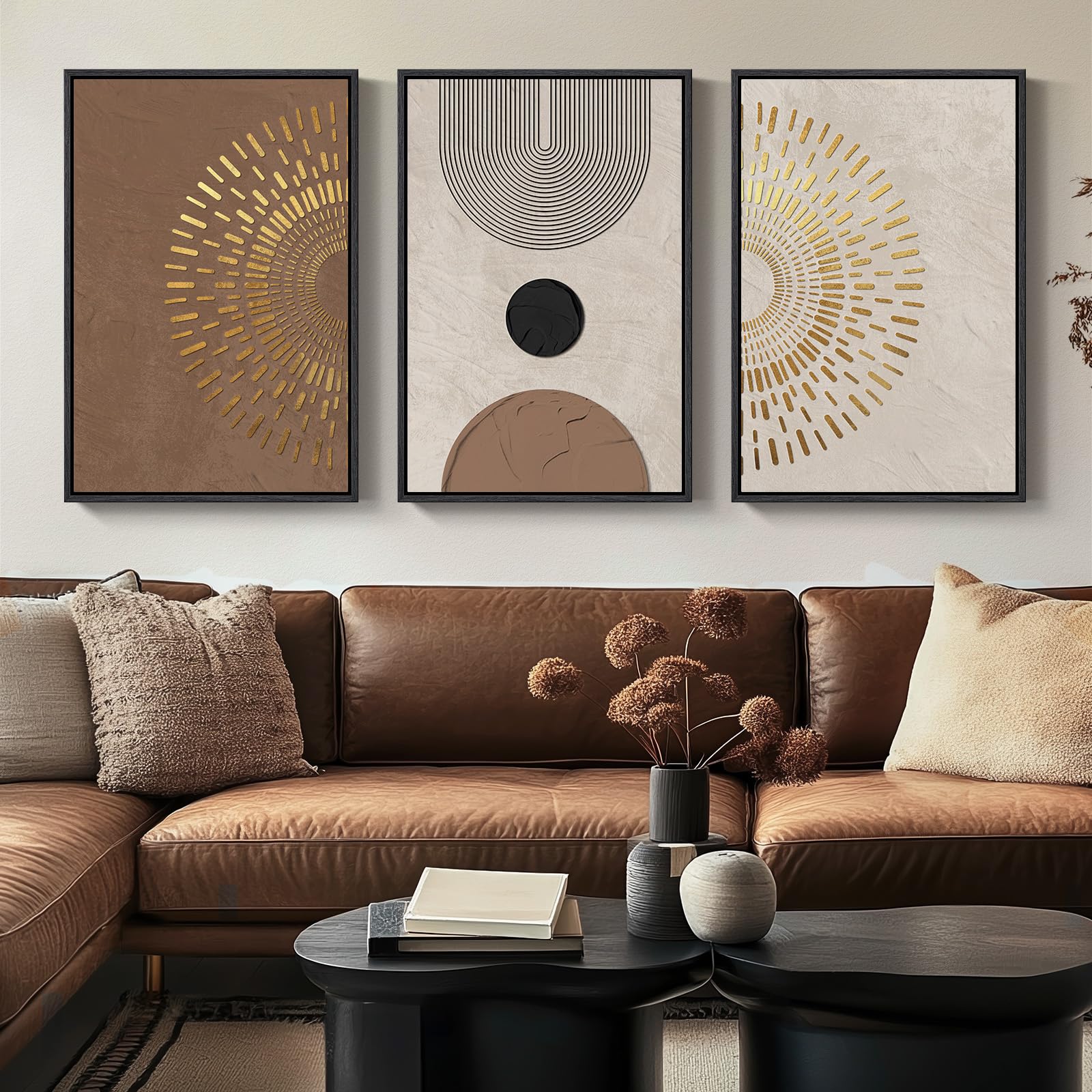Large Framed Neutral Abstract Wall Art for Living Room, 3 Piece Modern Canvas Prints Paintings Artwork for Walls, Black Beige Brown Neutral Tone Pictures for Hallway Bedroom Office Wall Decor 24x36 In