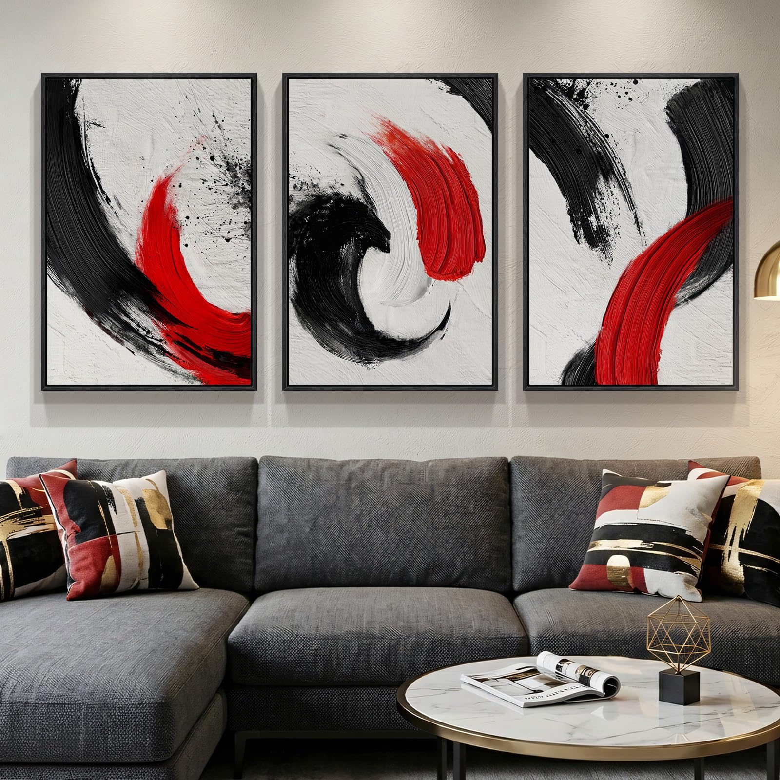 Large Framed Boho Modern Neutral Abstract Wall Art for Living Room, 3 Piece Black and White Canvas Prints Paintings Artwork for Walls, Geometric Pictures for Office Bedroom Dining Room Decor, 24x36 In