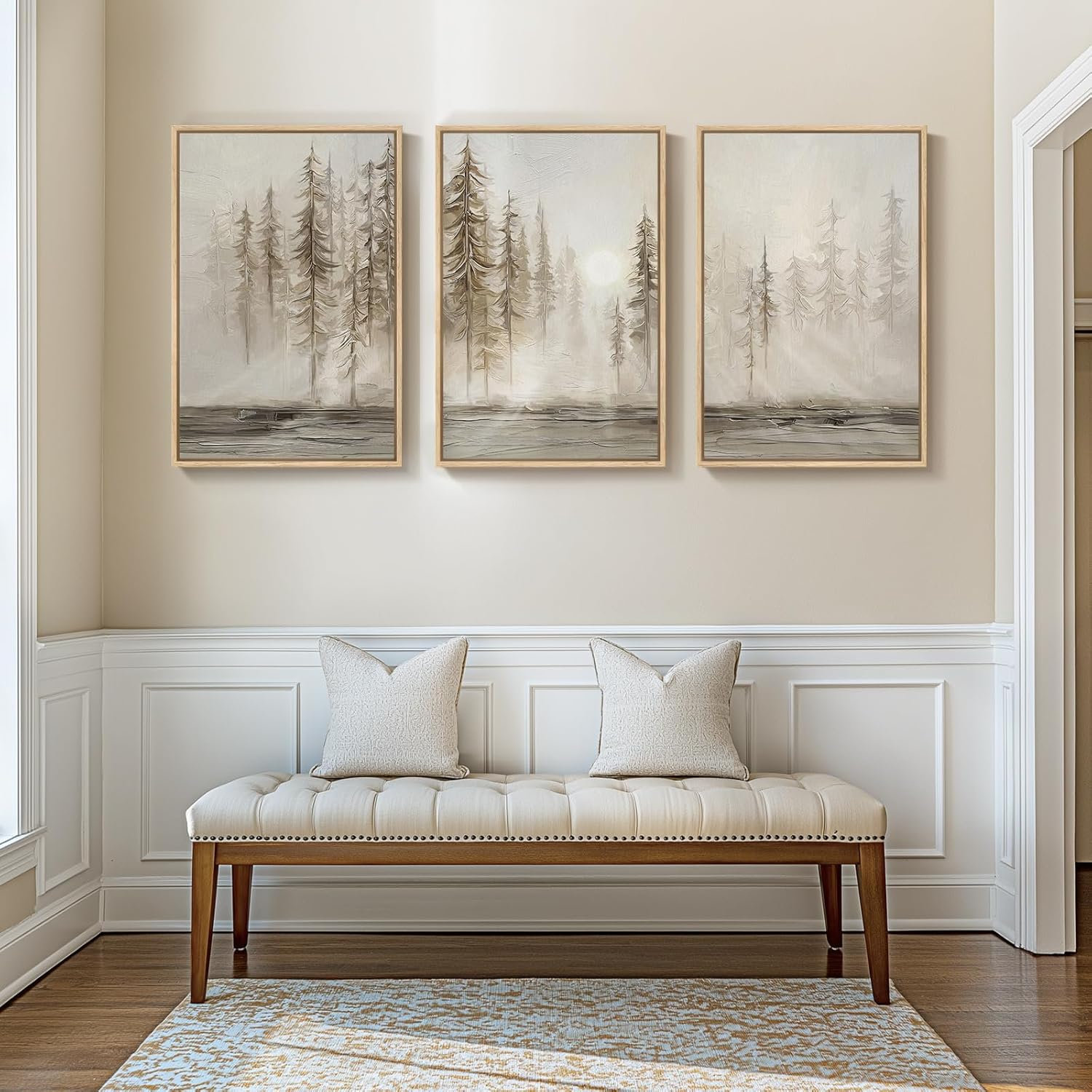 Framed Neutral Wall Art for Living Room, Large 3 Piece Abstract Pastel Grunge Forest Landscape Tree Canvas Artwork Set, Modern Art Decorative Nordic Painting Picture Prints for Hallway Office 24x36 In