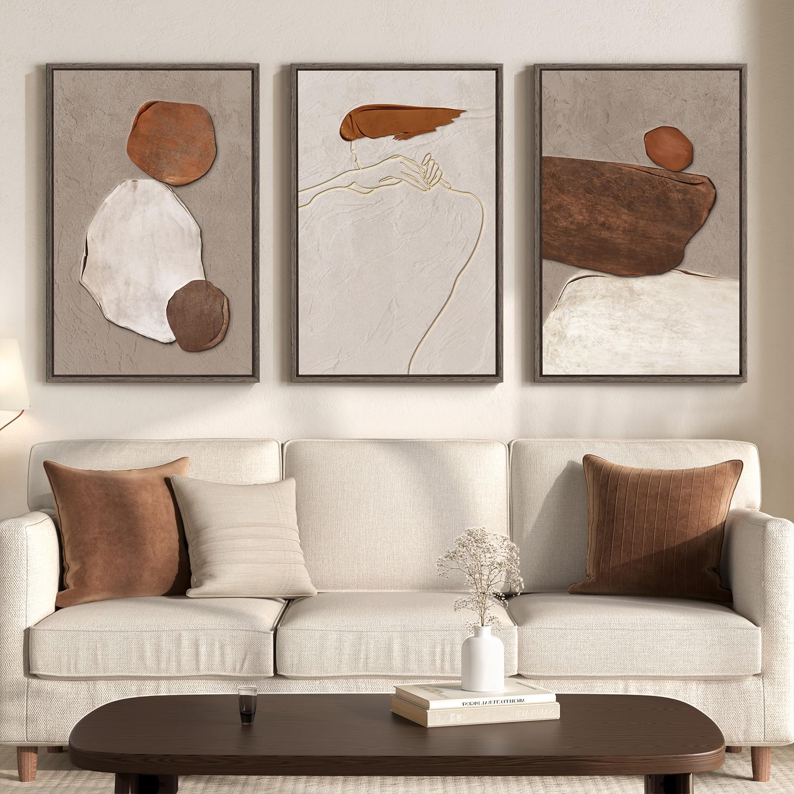 Large Framed Neutral Abstract Wall Art for Living Room, 3 Piece Modern Canvas Prints Paintings Artwork for Walls, Black Beige Brown Neutral Tone Pictures for Hallway Bedroom Office Wall Decor 24x36 In