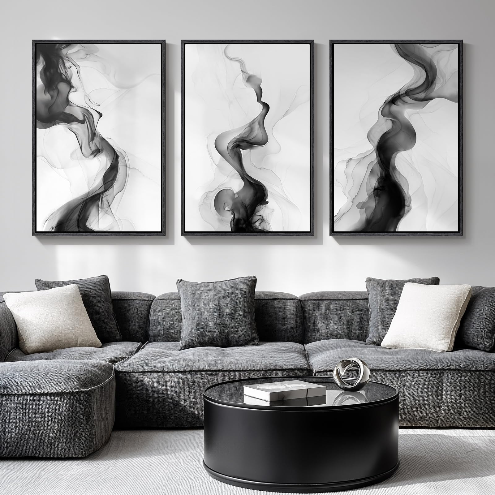 Large Framed Black and White Abstract Wall Art for Living Room, 3 Piece Big Modern Canvas Prints Paintings Artwork for Walls, Minimalist Abstract Art Pictures for Hallway, Office Wall Decor 24x36 In