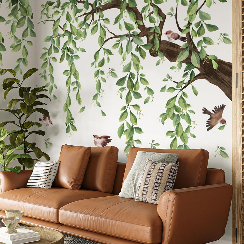 Lilac Wall Decoration Large Green Tree Wall Stickers, 3 Sheets Hanging Vine Tree Wall Decals Peel and Stick Leaves Branch Wall Murals Decor for Living Room Bedroom (Green, 11.8 * 35.4inch)
