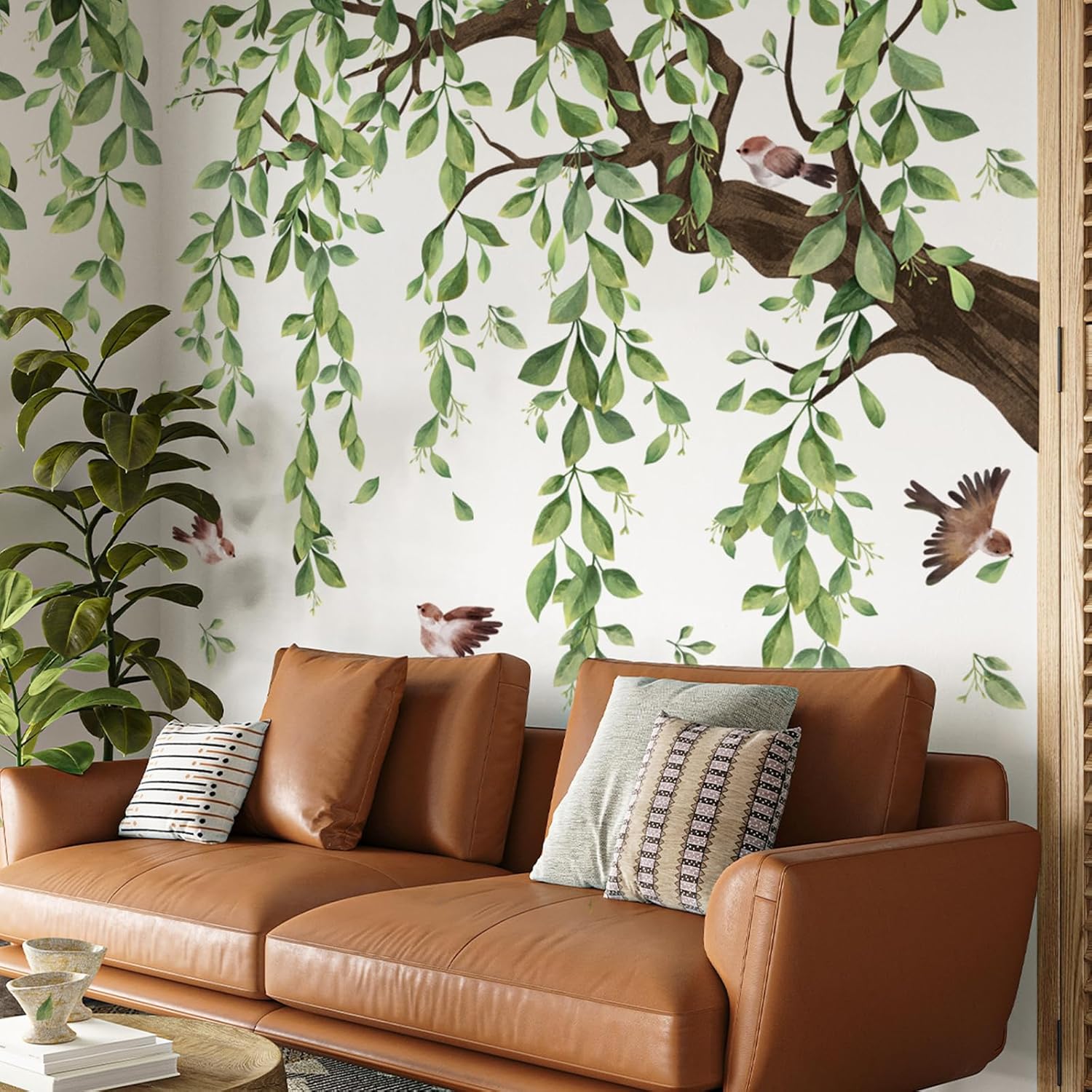Lilac Wall Decoration Large Green Tree Wall Stickers, 3 Sheets Hanging Vine Tree Wall Decals Peel and Stick Leaves Branch Wall Murals Decor for Living Room Bedroom (Green, 11.8 * 35.4inch)