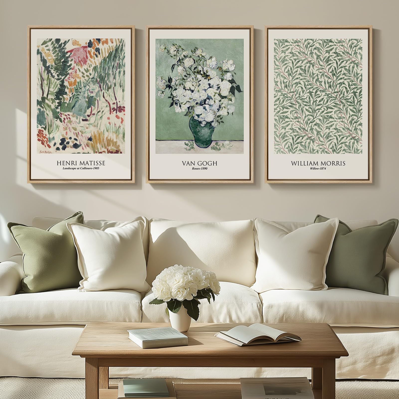 Framed Large William Morris Canvas Wall Art Set of 3, Vintage Nature Floral Artwork Prints, Boho Neutral Botanical Wall Decor for Living Room, Bedroom, Hallway and Office, Total Size 30x60