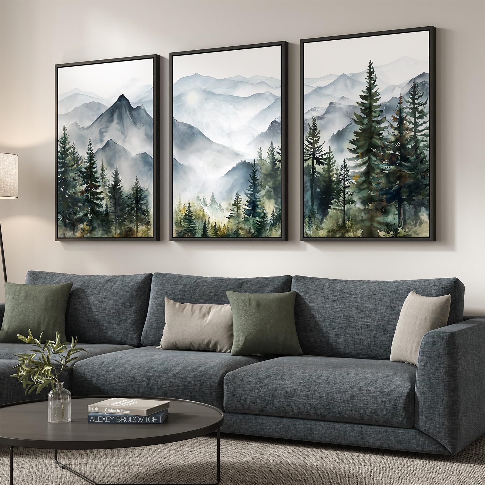 Framed Neutral Wall Art for Living Room, Large 3 Piece Abstract Pastel Grunge Forest Landscape Tree Canvas Artwork Set, Modern Art Decorative Nordic Painting Picture Prints for Hallway Office 24x36 In