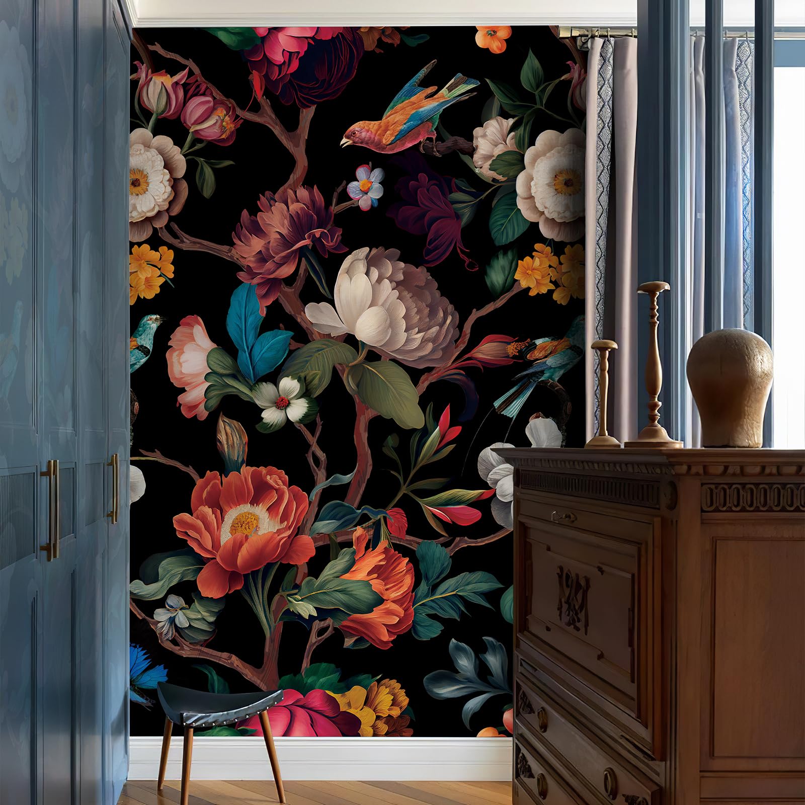 Zeeko Floral Peel and Stick Wall Mural Beige Flower Wallpaper for Bedroom TV Background Vintage Wallpaper Large Floral Wall Murals Art Deco 148" W x 98" H