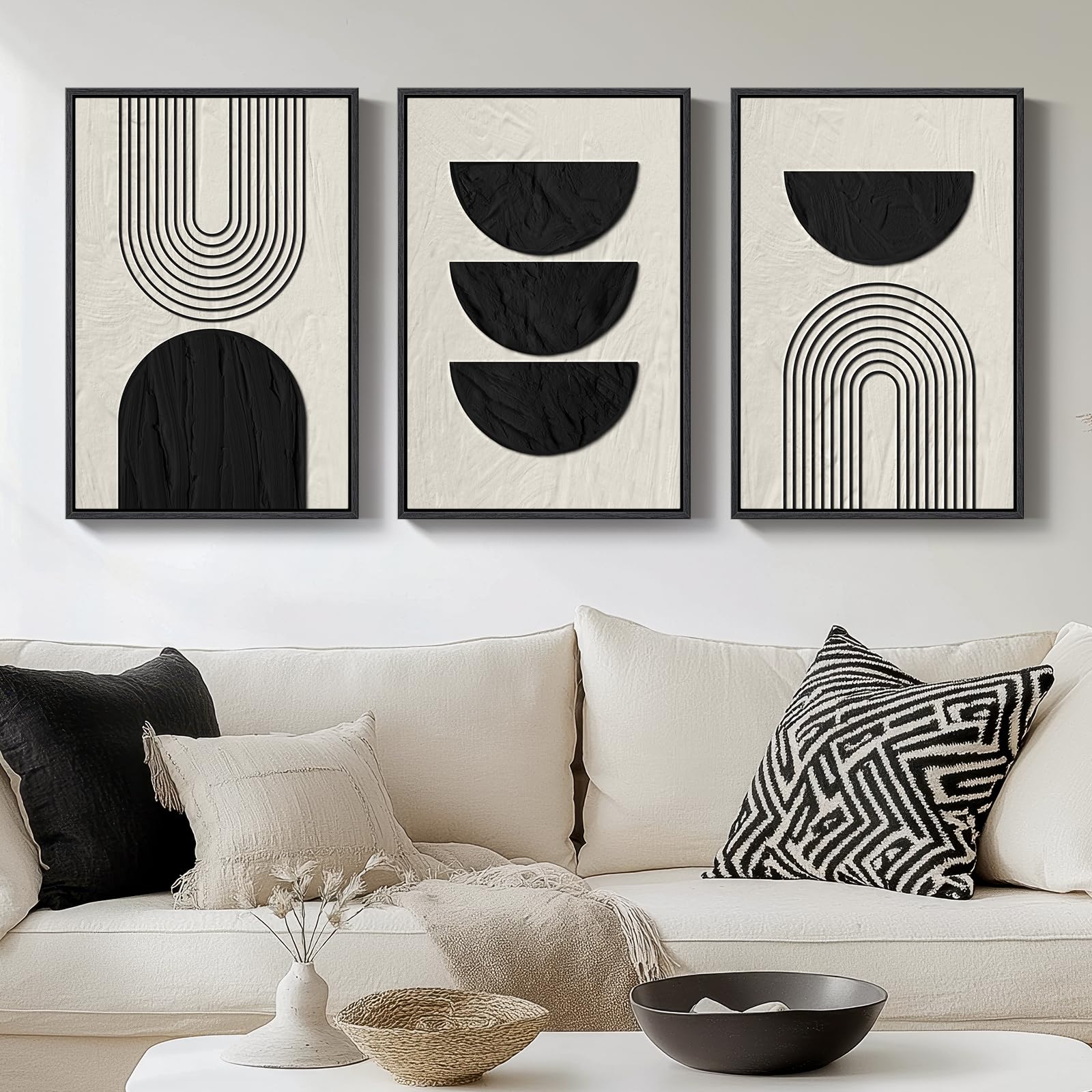Large Framed Boho Modern Neutral Abstract Wall Art for Living Room, 3 Piece Black and White Canvas Prints Paintings Artwork for Walls, Geometric Pictures for Office Bedroom Dining Room Decor, 24x36 In