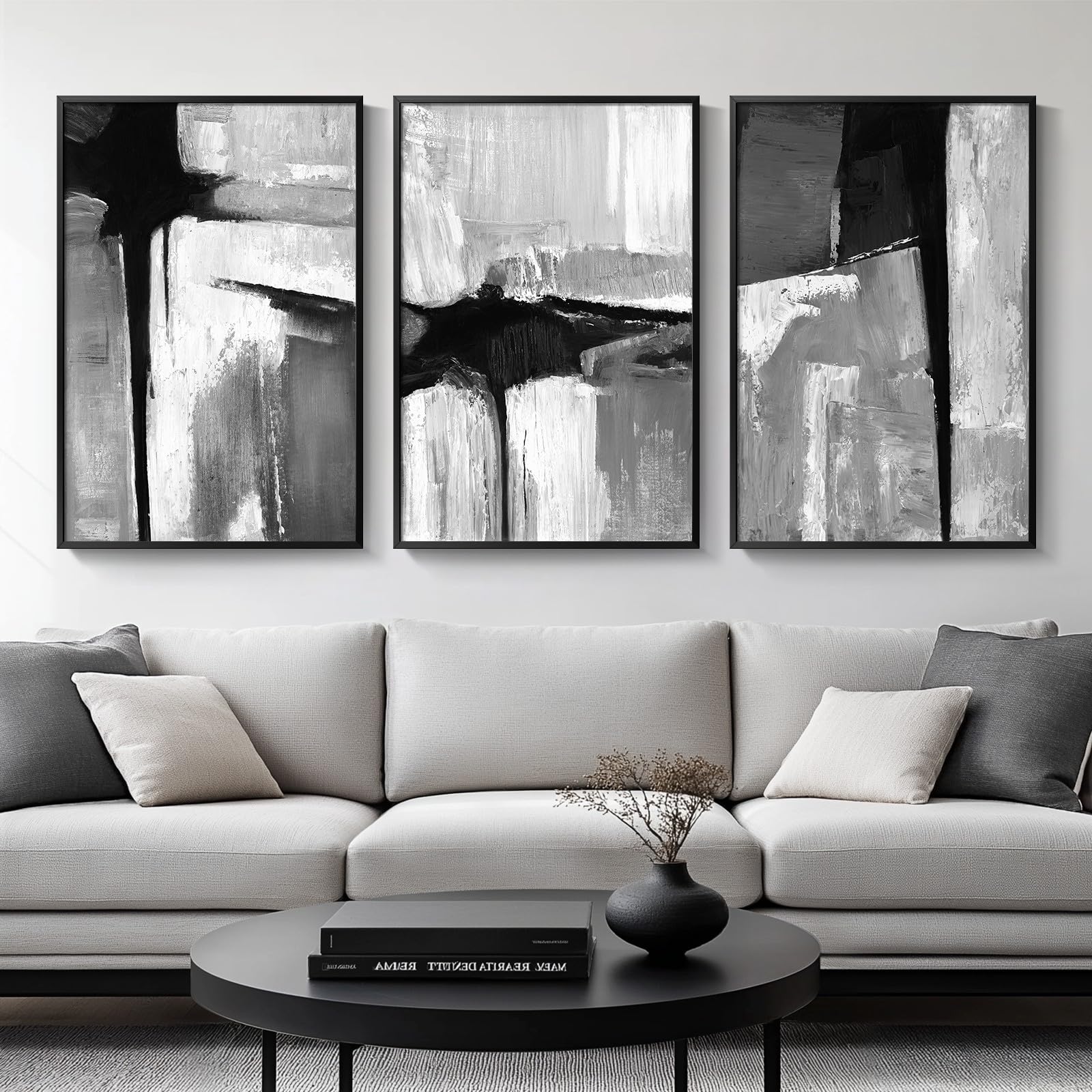 Large Framed Boho Modern Neutral Abstract Wall Art for Living Room, 3 Piece Black and White Canvas Prints Paintings Artwork for Walls, Geometric Pictures for Office Bedroom Dining Room Decor, 24x36 In