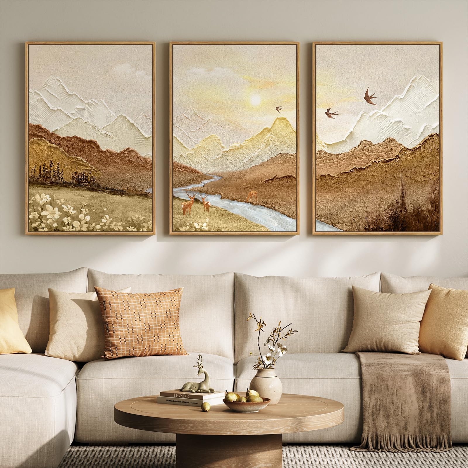 Framed Neutral Wall Art for Living Room, Large 3 Piece Abstract Pastel Grunge Forest Landscape Tree Canvas Artwork Set, Modern Art Decorative Nordic Painting Picture Prints for Hallway Office 24x36 In