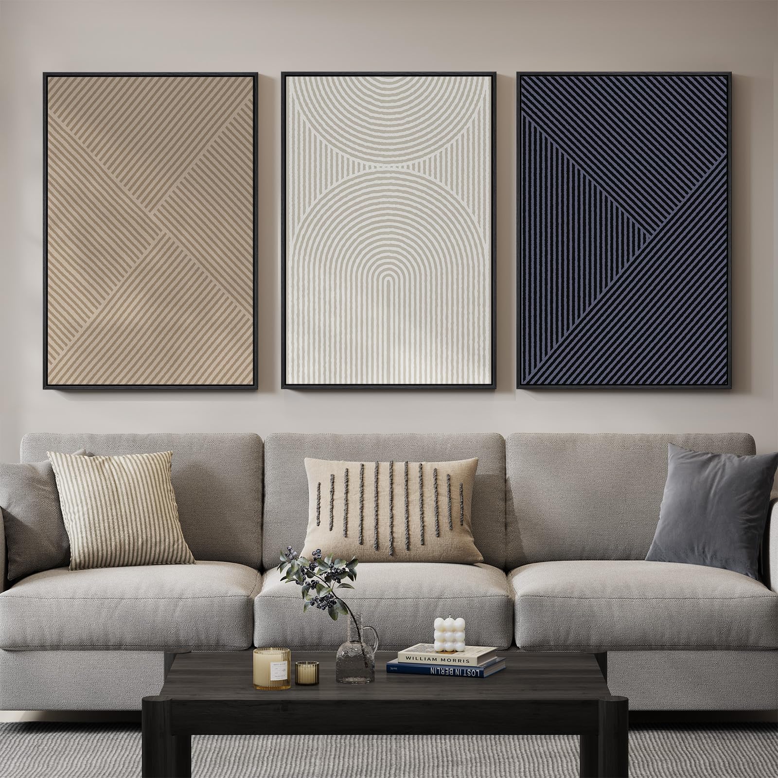 Large Framed Neutral Abstract Wall Art for Living Room, 3 Piece Modern Canvas Prints Paintings Artwork for Walls, Black and Beige Pictures for Living Room Hallway Stair Office Wall Decor 24x36 Inch