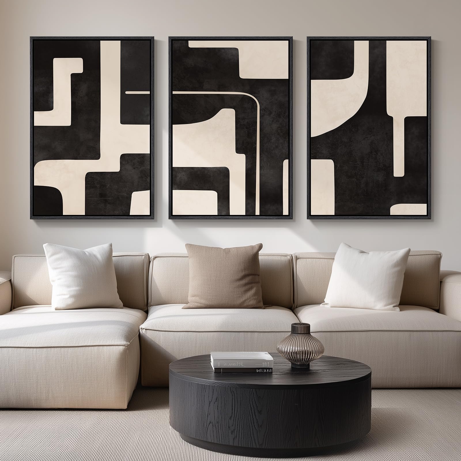 Large Framed Black and White Abstract Wall Art for Living Room, 3 Piece Big Modern Canvas Prints Paintings Artwork for Walls, Minimalist Abstract Art Pictures for Hallway, Office Wall Decor 24x36 In