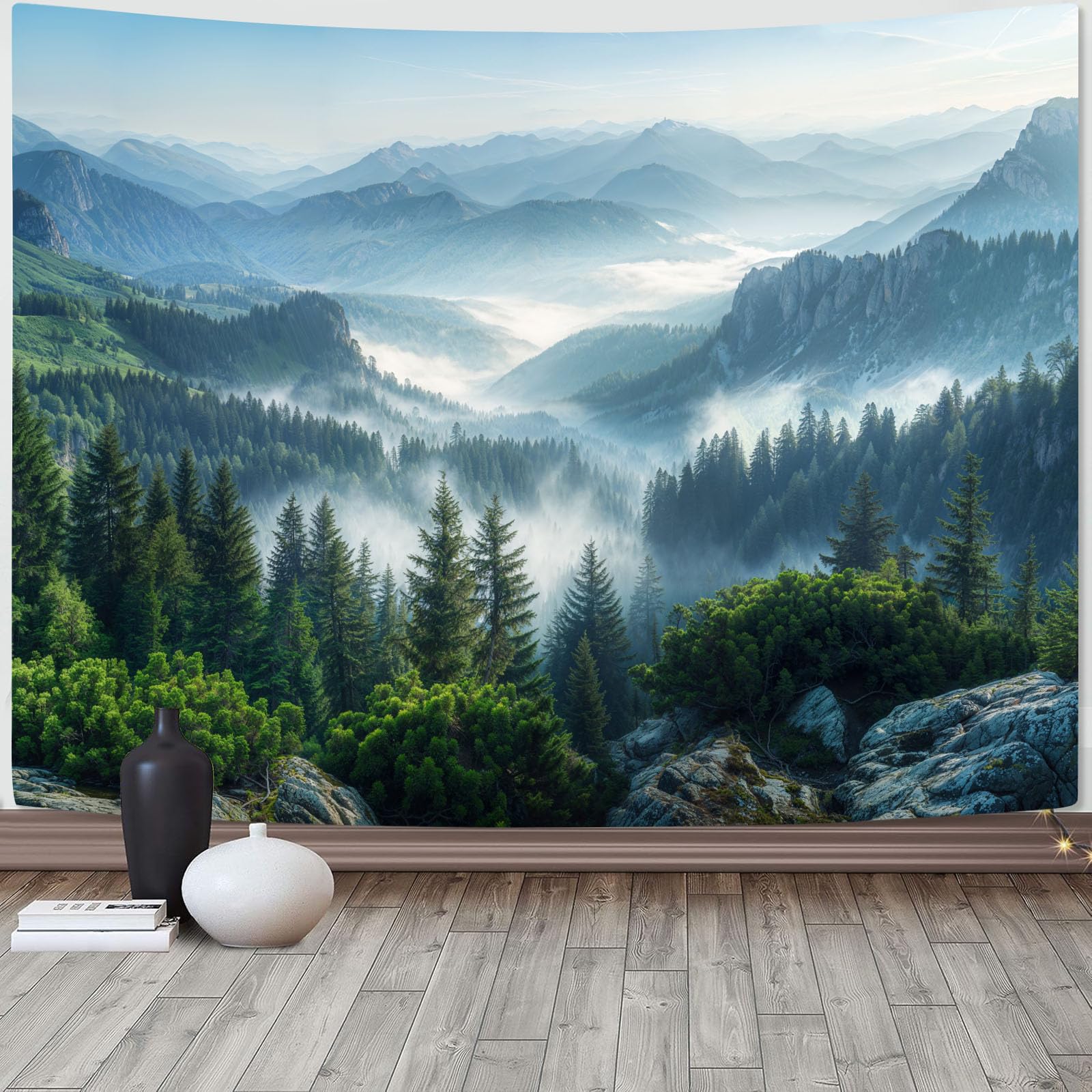 AMM Nature Forest Mountain Tapestry Green Pine Tree Tapestry for Bedroom Aesthetic White Clouds Flowing River Landscape Classroom Tapestries Wall Hanging for Living Room Dorm Office