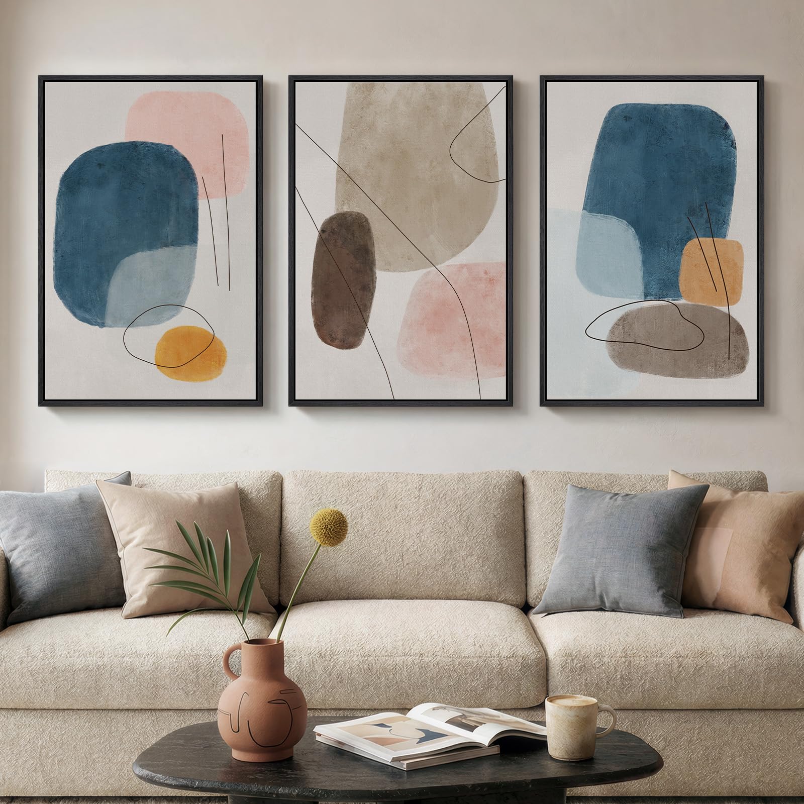 Large Framed Neutral Abstract Wall Art for Living Room, 3 Piece Modern Canvas Prints Paintings Artwork for Walls, Black and Beige Pictures for Living Room Hallway Stair Office Wall Decor 24x36 Inch