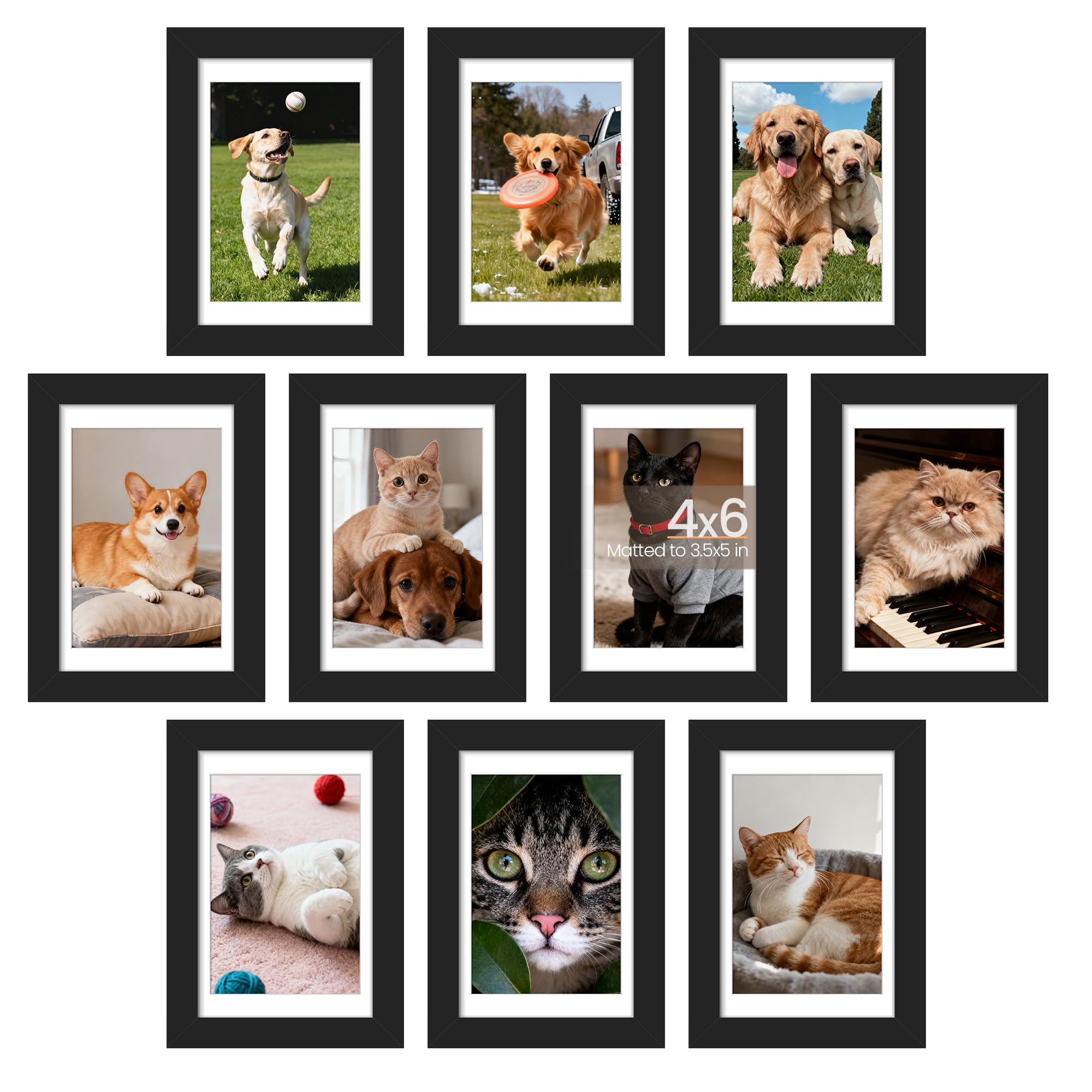 upsimples 5x7 Picture Frame Set of 10, Display Pictures 4x6 with Mat or 5x7 Without, Multi Photo Frames Collage for Wall or Tabletop Display, Black