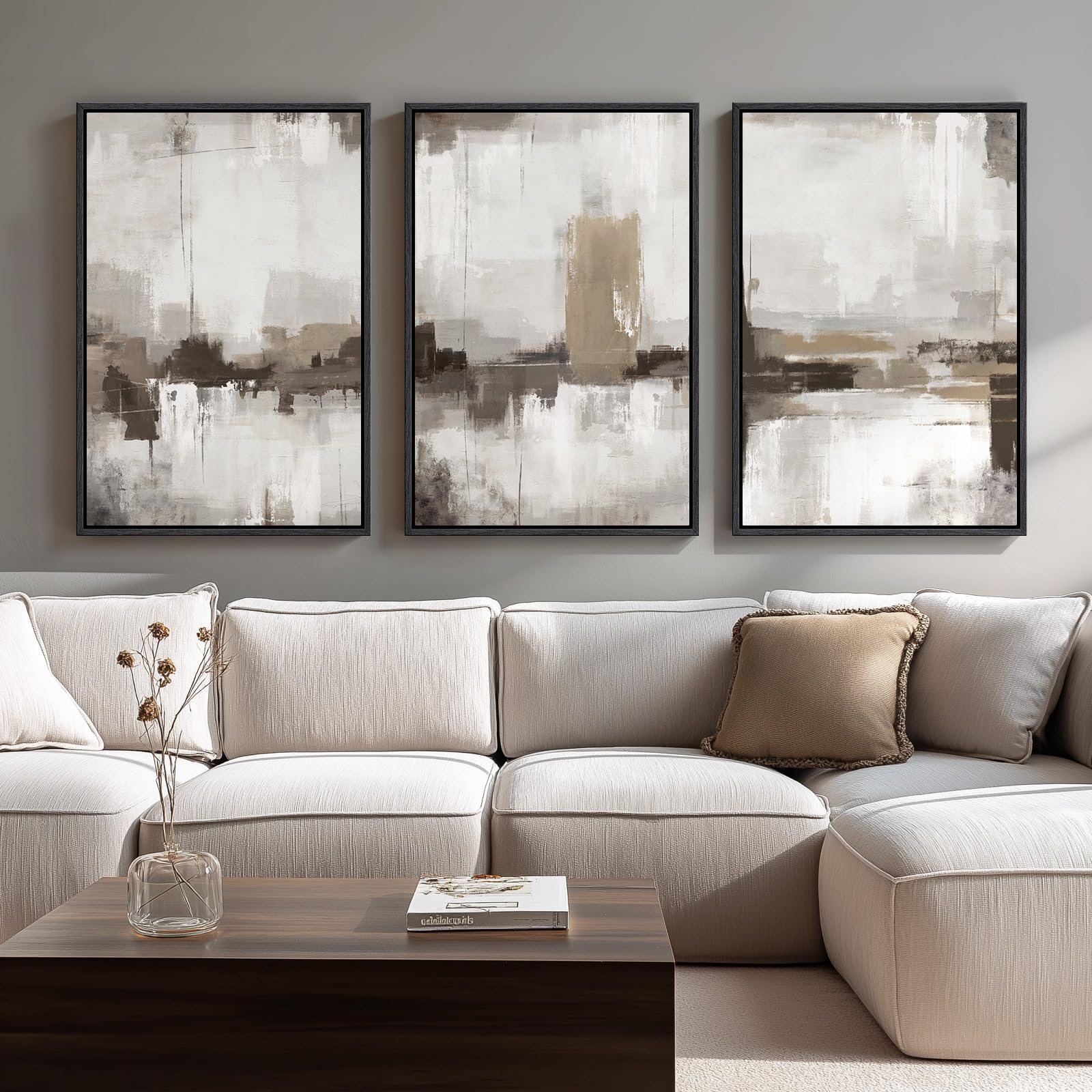 Large Framed Neutral Abstract Wall Art for Living Room, 3 Piece Modern Canvas Prints Paintings Artwork for Walls, Black Beige Brown Neutral Tone Pictures for Hallway Bedroom Office Wall Decor 24x36 In