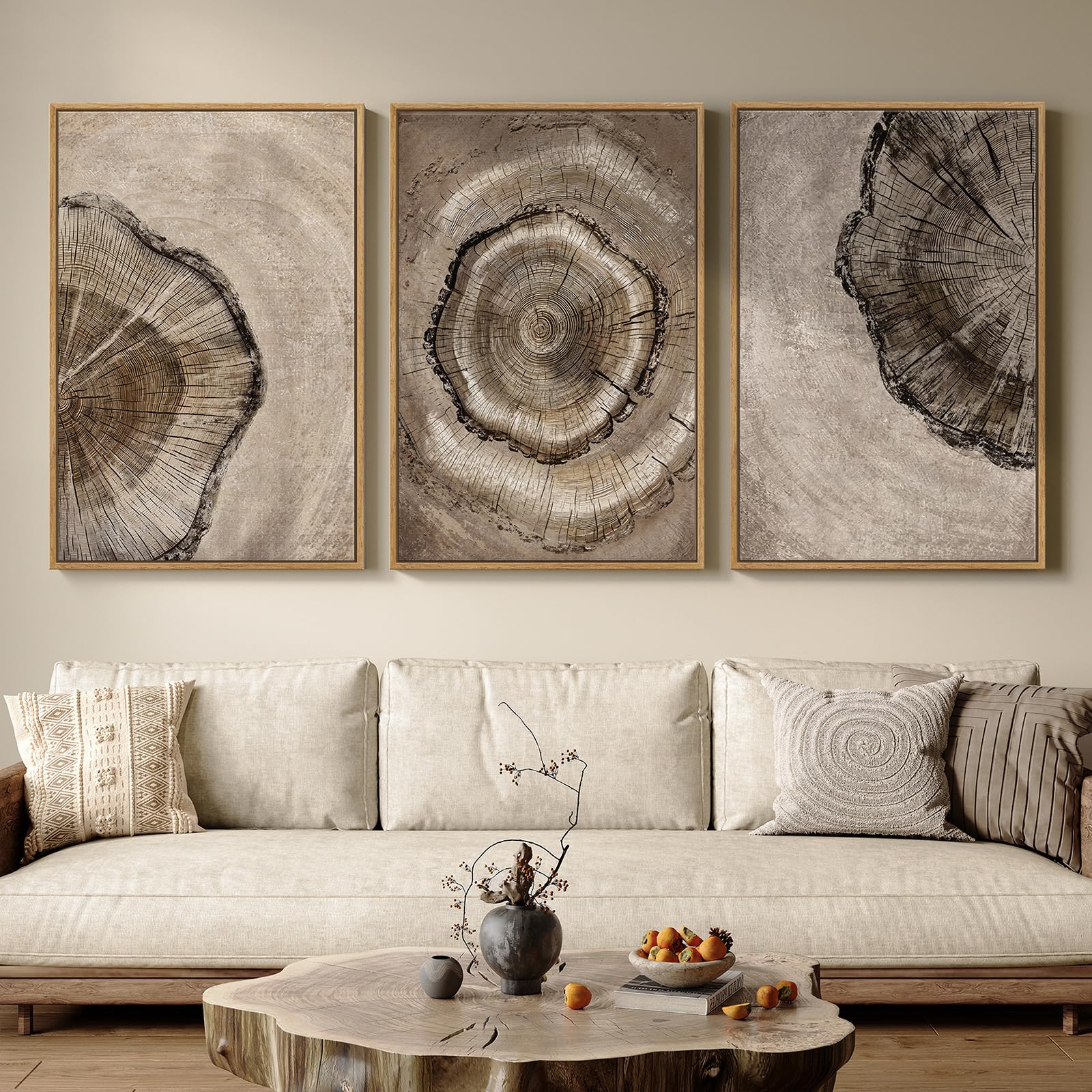Framed Neutral Wall Art for Living Room, Large 3 Piece Abstract Pastel Grunge Forest Landscape Tree Canvas Artwork Set, Modern Art Decorative Nordic Painting Picture Prints for Hallway Office 24x36 In