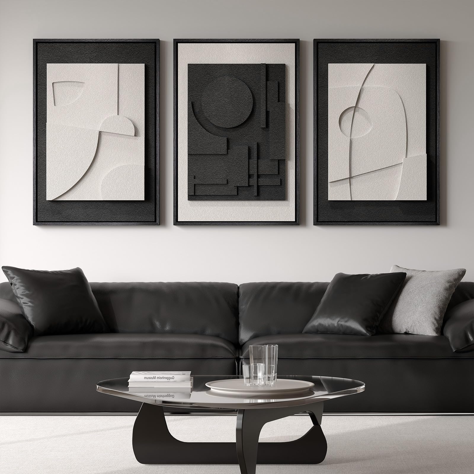 Large 3D Textured Framed Blue and White Abstract Wall Art for Living Room, 3 Piece Modern Artwork for Walls, Minimalist Navy Blue Geometric Paintings for Hallway, Stair, Office Wall Decor 24x36 In