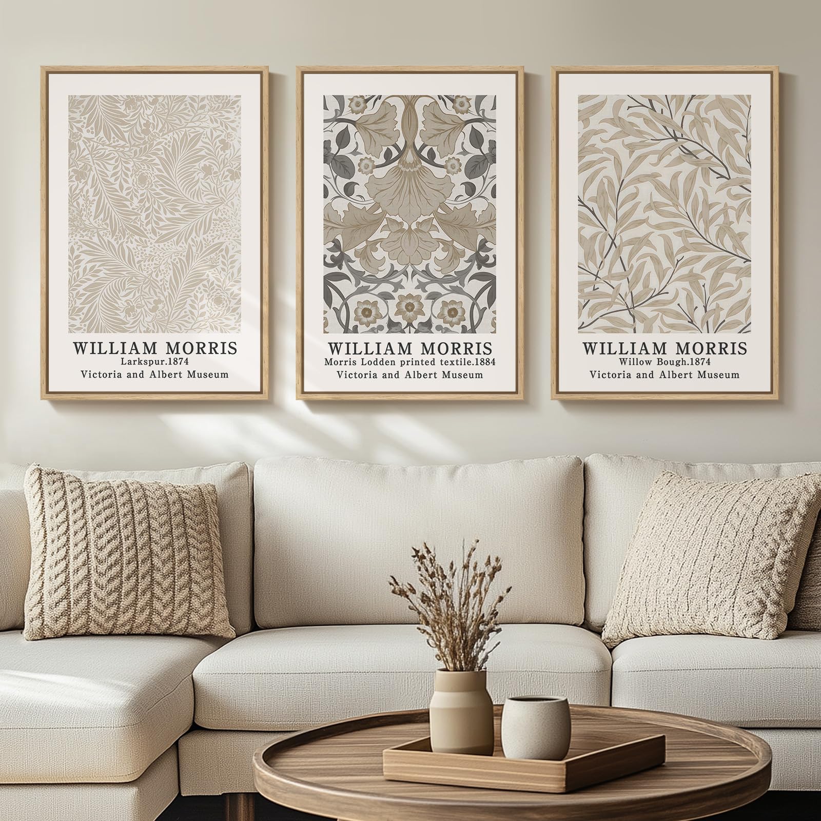 Framed Large William Morris Canvas Wall Art Set of 3, Vintage Nature Floral Artwork Prints, Boho Neutral Botanical Wall Decor for Living Room, Bedroom, Hallway and Office, Total Size 30x60