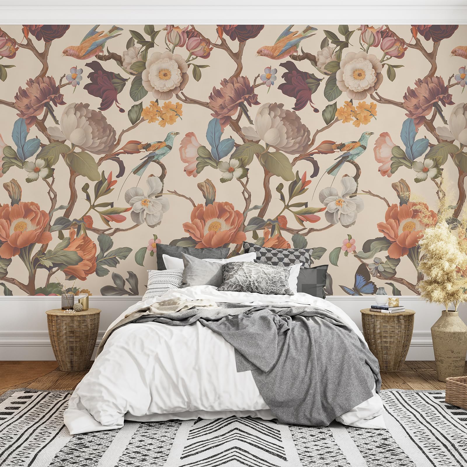Zeeko Floral Peel and Stick Wall Mural Beige Flower Wallpaper for Bedroom TV Background Vintage Wallpaper Large Floral Wall Murals Art Deco 148" W x 98" H