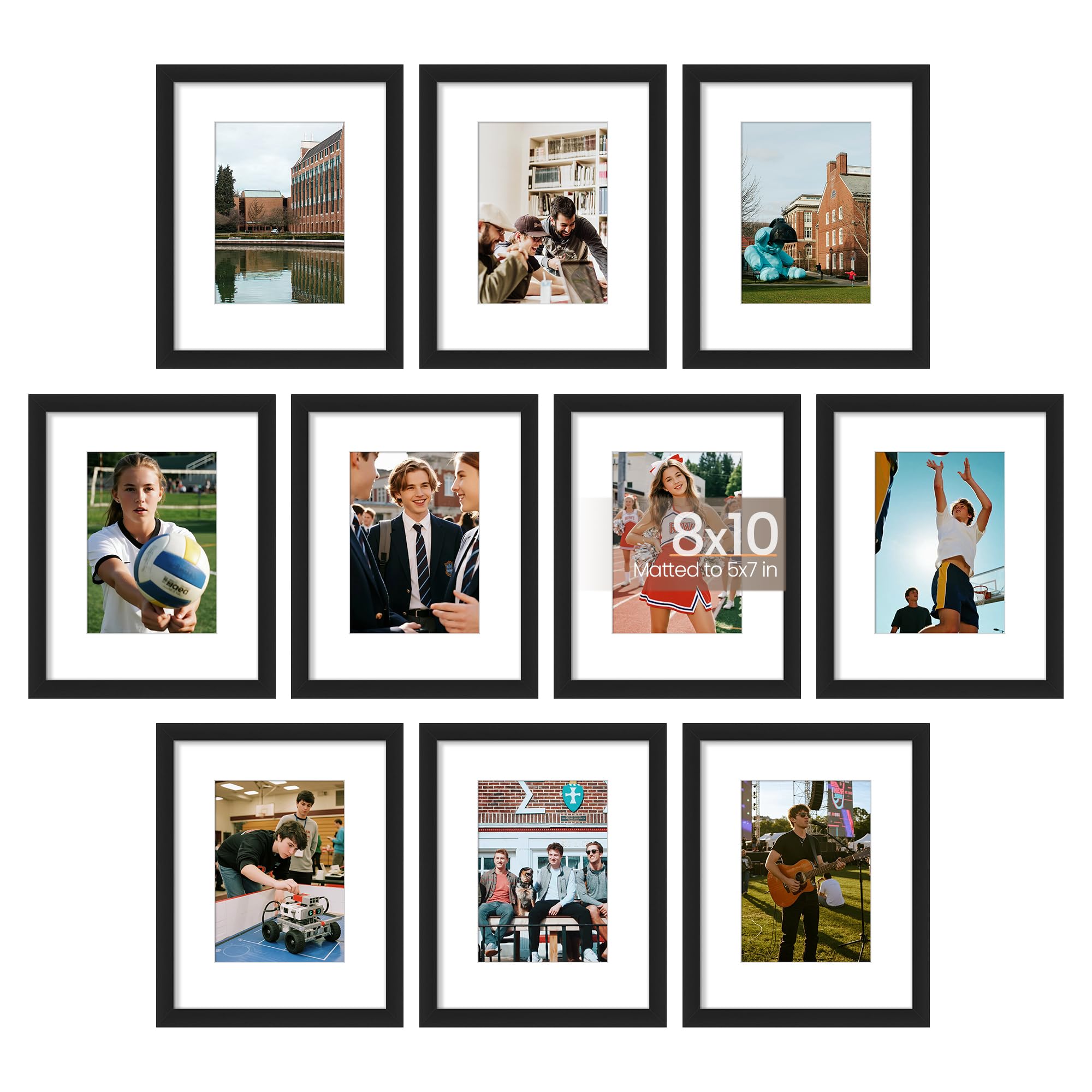 upsimples 5x7 Picture Frame Set of 10, Display Pictures 4x6 with Mat or 5x7 Without, Multi Photo Frames Collage for Wall or Tabletop Display, Black
