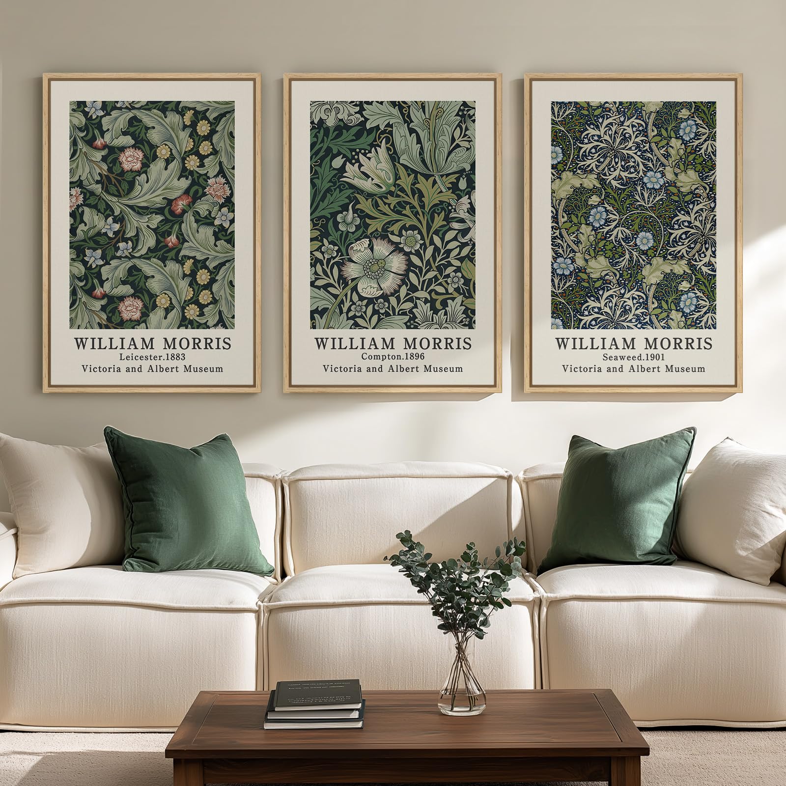 Framed Large William Morris Canvas Wall Art Set of 3, Vintage Nature Floral Artwork Prints, Boho Neutral Botanical Wall Decor for Living Room, Bedroom, Hallway and Office, Total Size 30x60