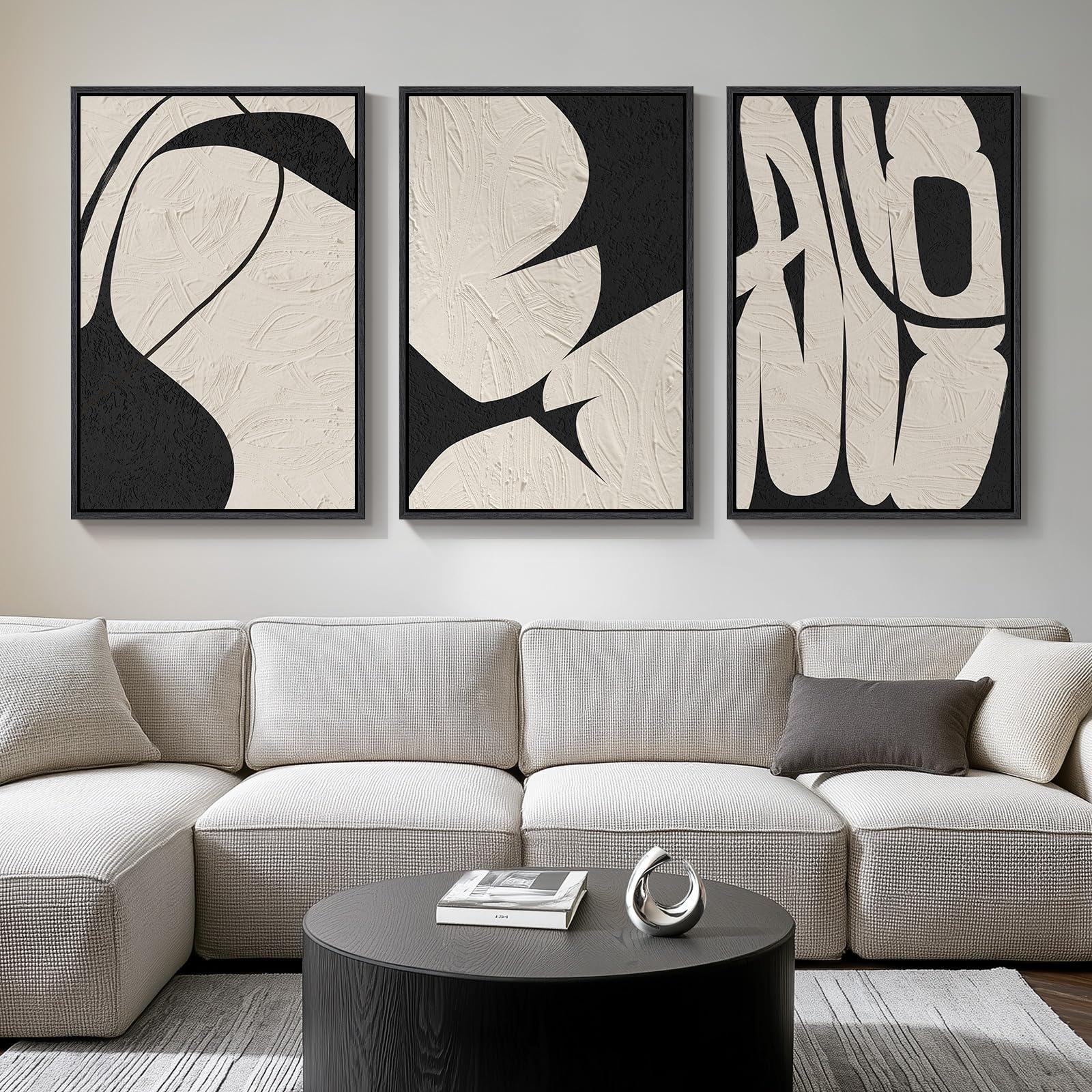 Large Framed Neutral Abstract Wall Art for Living Room, 3 Piece Modern Canvas Prints Paintings Artwork for Walls, Black Beige Brown Neutral Tone Pictures for Hallway Bedroom Office Wall Decor 24x36 In