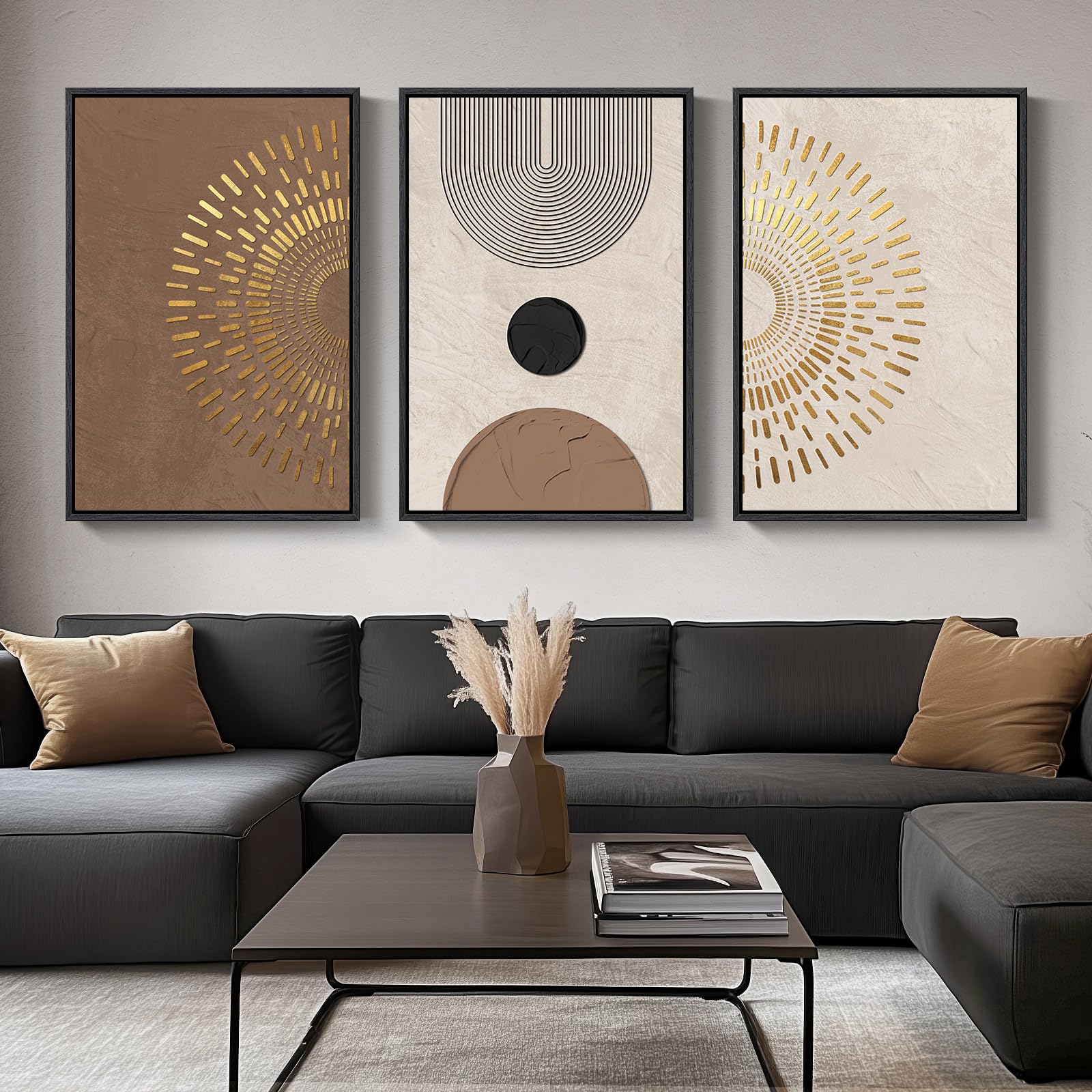 Large Framed Neutral Abstract Wall Art for Living Room, 3 Piece Modern Canvas Prints Paintings Artwork for Walls, Black and Beige Pictures for Living Room Hallway Stair Office Wall Decor 24x36 Inch