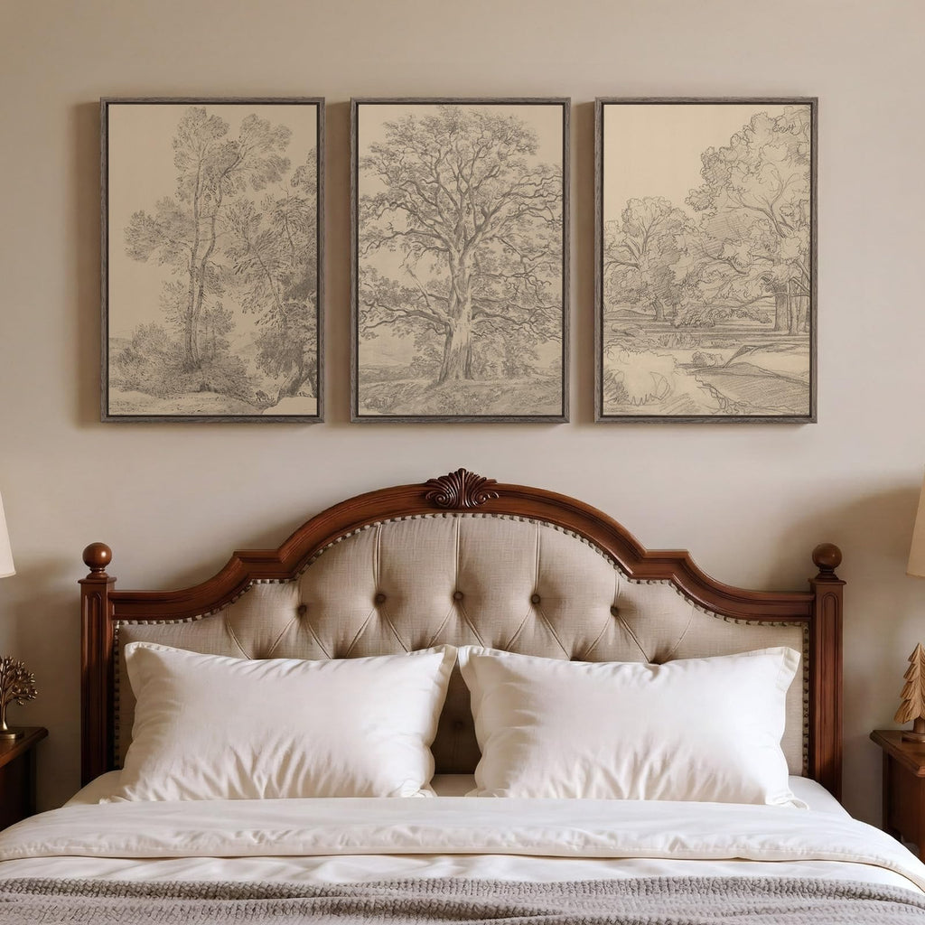 Framed Neutral Wall Art for Living Room, Large 3 Piece Abstract Pastel Grunge Forest Landscape Tree Canvas Artwork Set, Modern Art Decorative Nordic Painting Picture Prints for Hallway Office 24x36 In