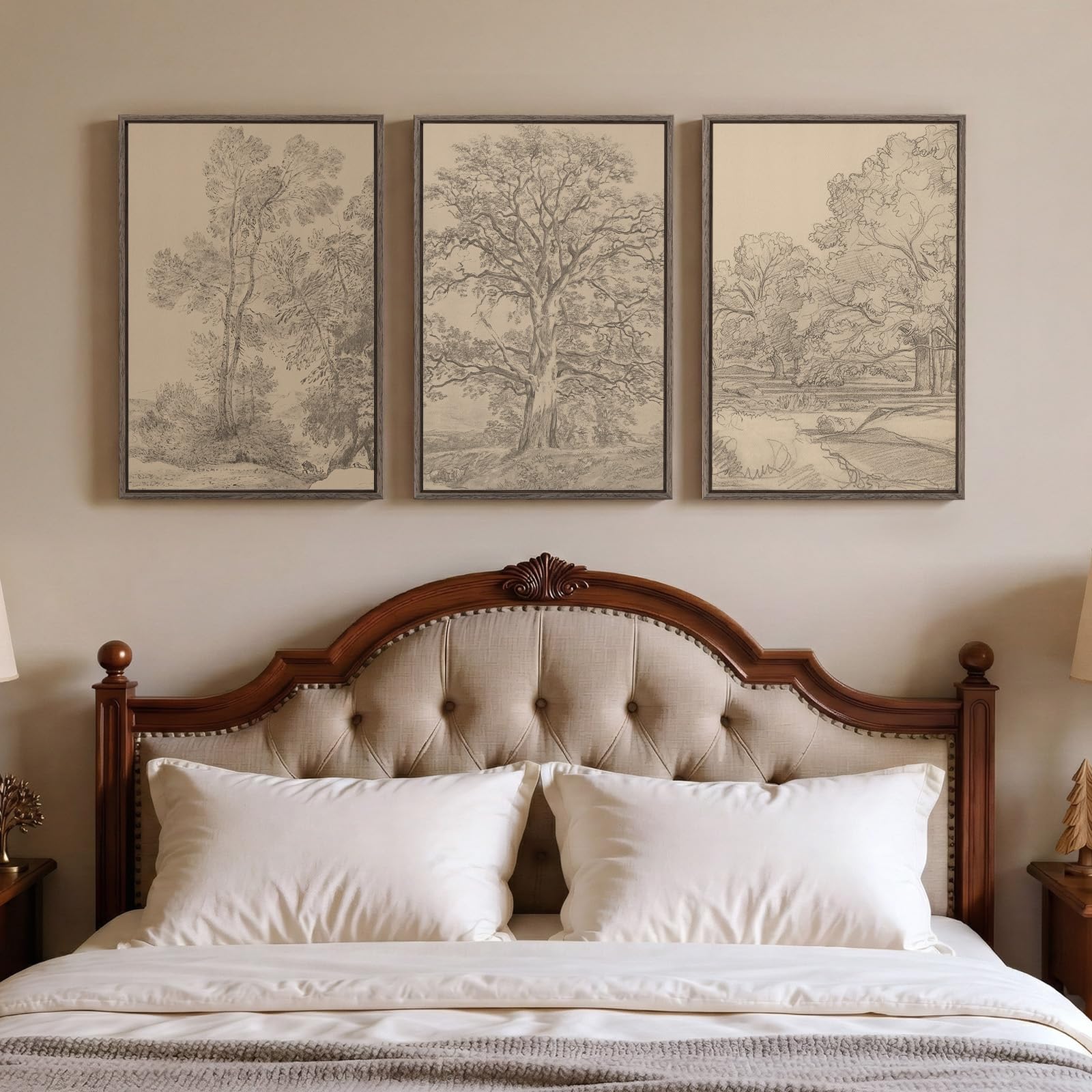Framed Neutral Wall Art for Living Room, Large 3 Piece Abstract Pastel Grunge Forest Landscape Tree Canvas Artwork Set, Modern Art Decorative Nordic Painting Picture Prints for Hallway Office 24x36 In