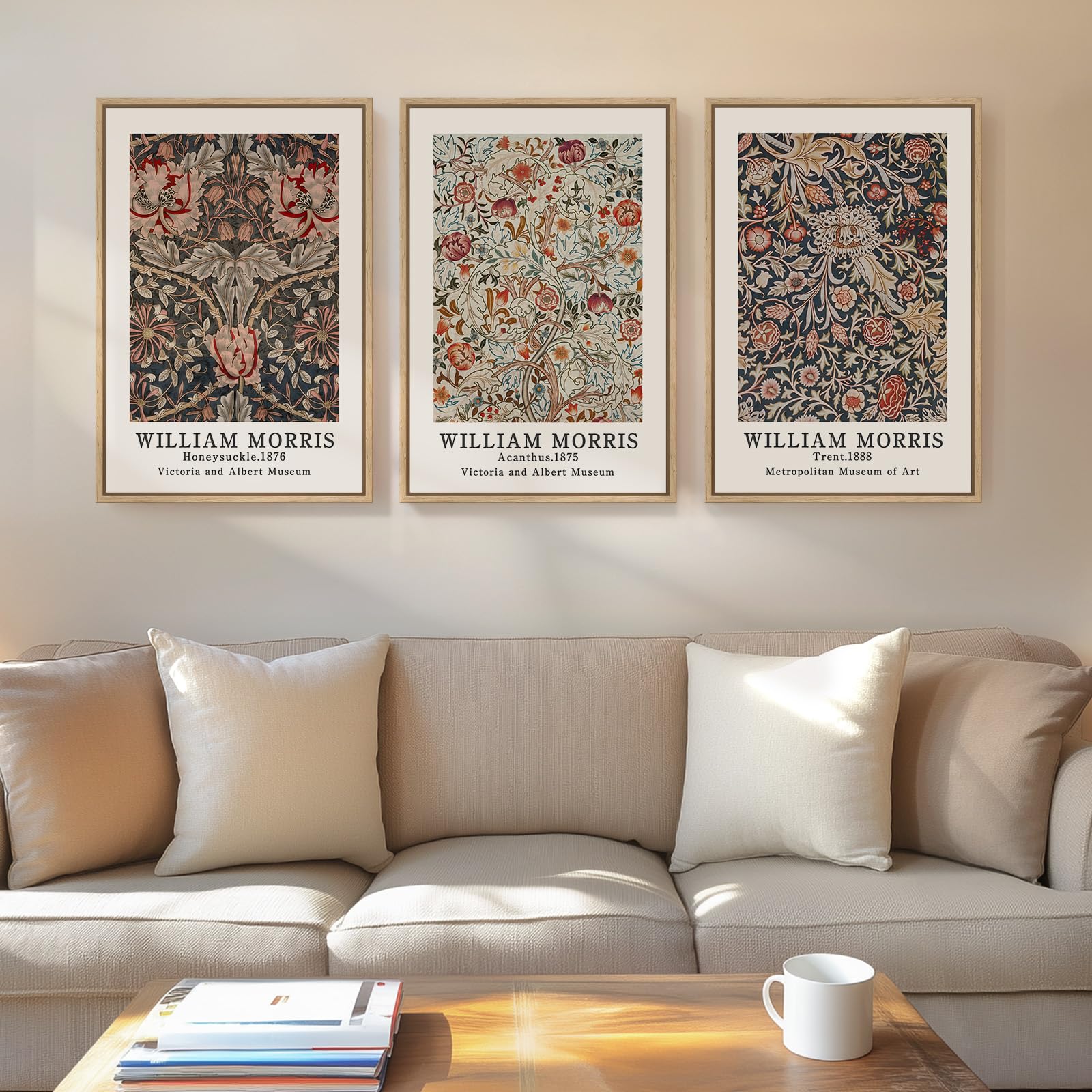 Framed Large William Morris Canvas Wall Art Set of 3, Vintage Nature Floral Artwork Prints, Boho Neutral Botanical Wall Decor for Living Room, Bedroom, Hallway and Office, Total Size 30x60