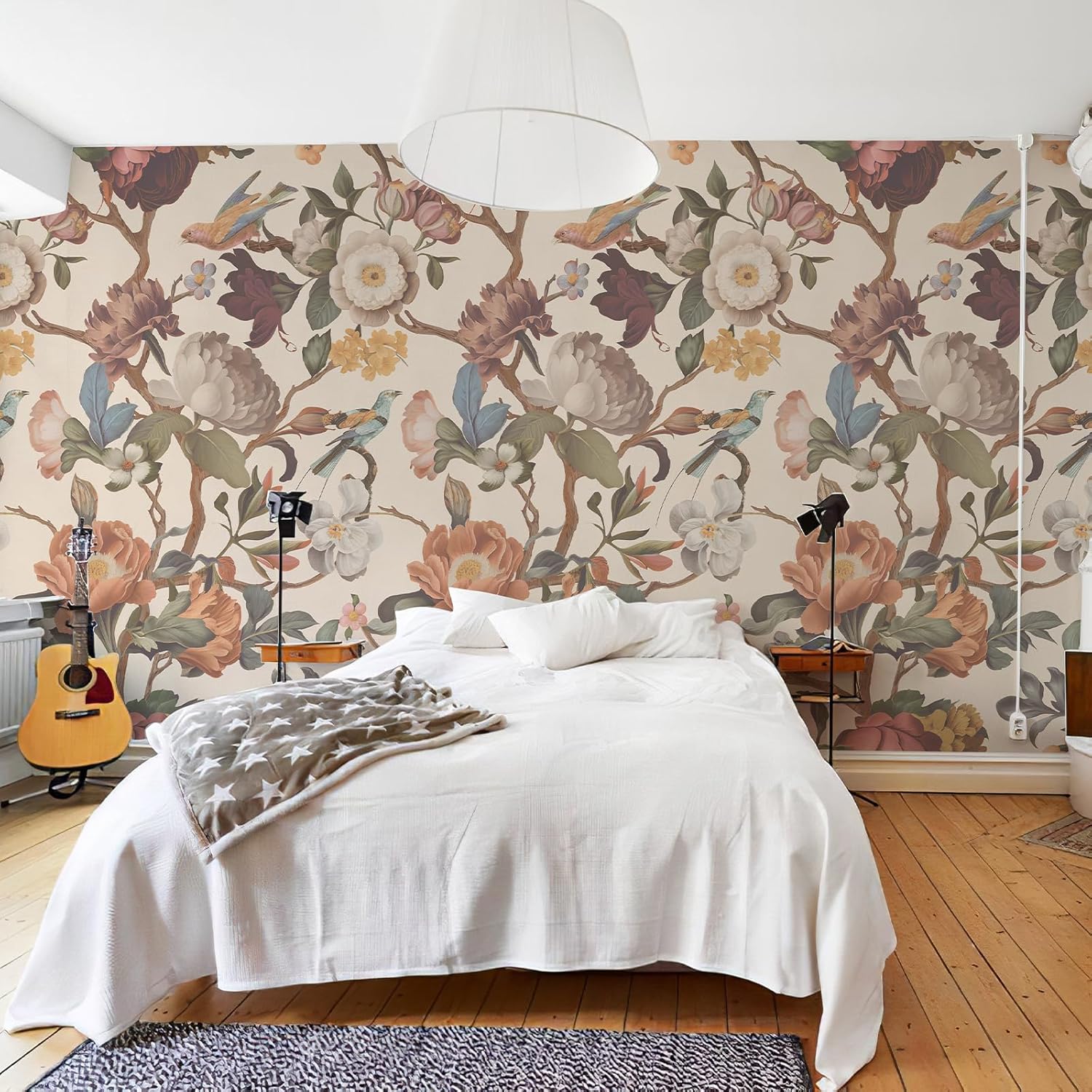 Zeeko Floral Peel and Stick Wall Mural Beige Flower Wallpaper for Bedroom TV Background Vintage Wallpaper Large Floral Wall Murals Art Deco 148" W x 98" H