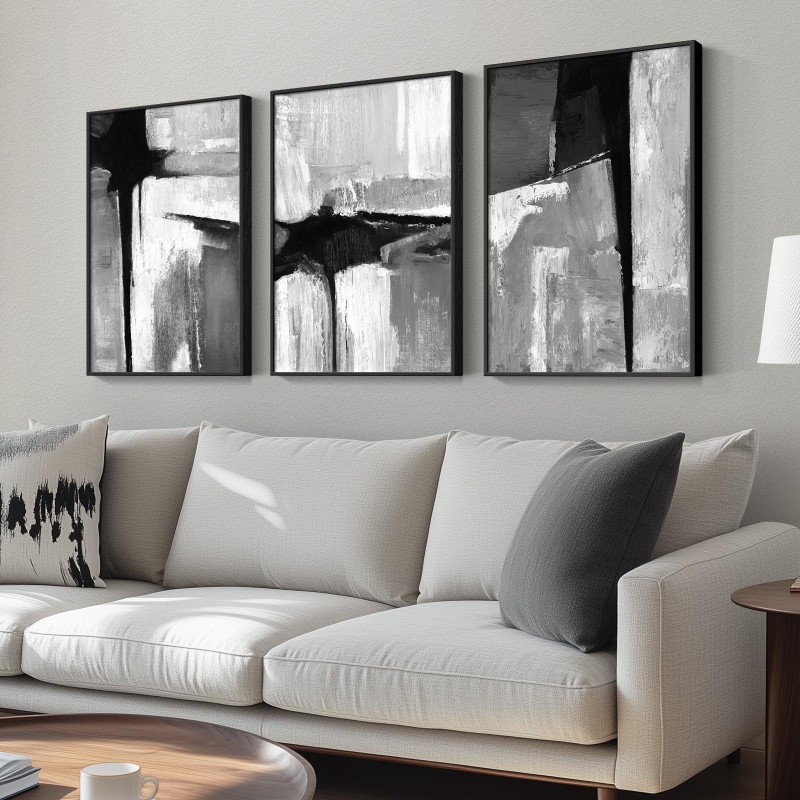 Large Framed Boho Modern Neutral Abstract Wall Art for Living Room, 3 Piece Black and White Canvas Prints Paintings Artwork for Walls, Geometric Pictures for Office Bedroom Dining Room Decor, 24x36 In