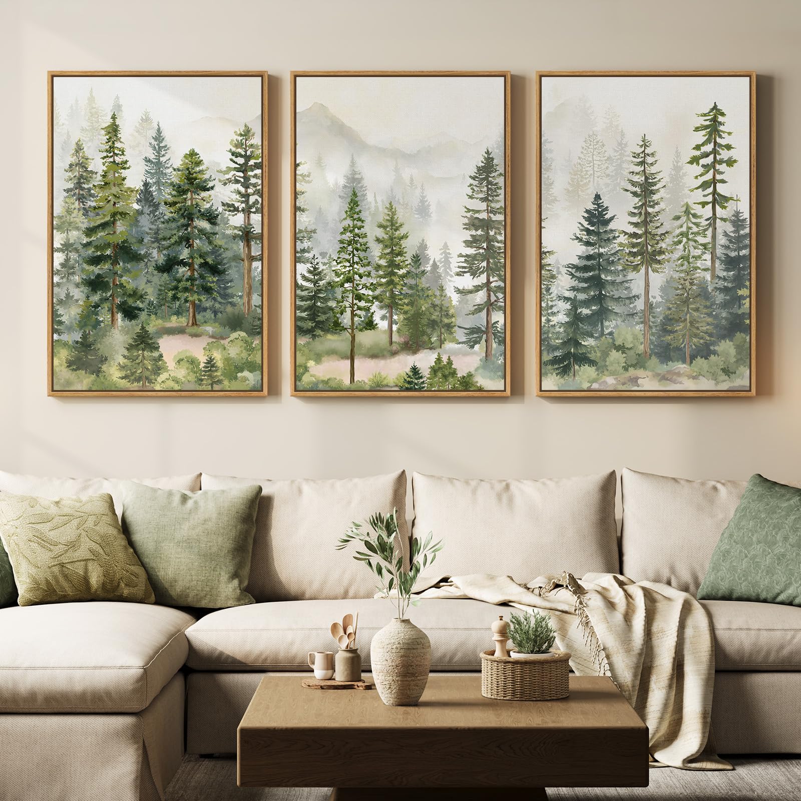 Framed Neutral Wall Art for Living Room, Large 3 Piece Abstract Pastel Grunge Forest Landscape Tree Canvas Artwork Set, Modern Art Decorative Nordic Painting Picture Prints for Hallway Office 24x36 In