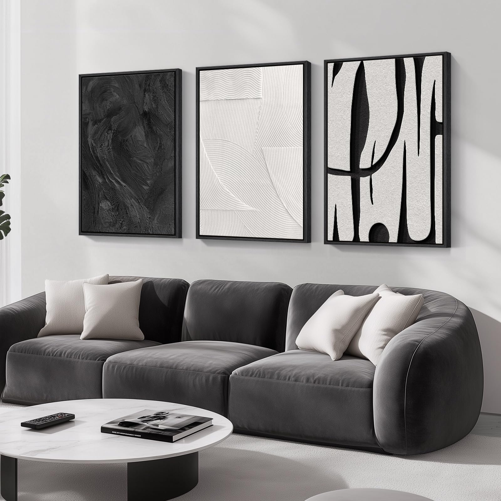 Large Framed Boho Modern Neutral Abstract Wall Art for Living Room, 3 Piece Black and White Canvas Prints Paintings Artwork for Walls, Geometric Pictures for Office Bedroom Dining Room Decor, 24x36 In