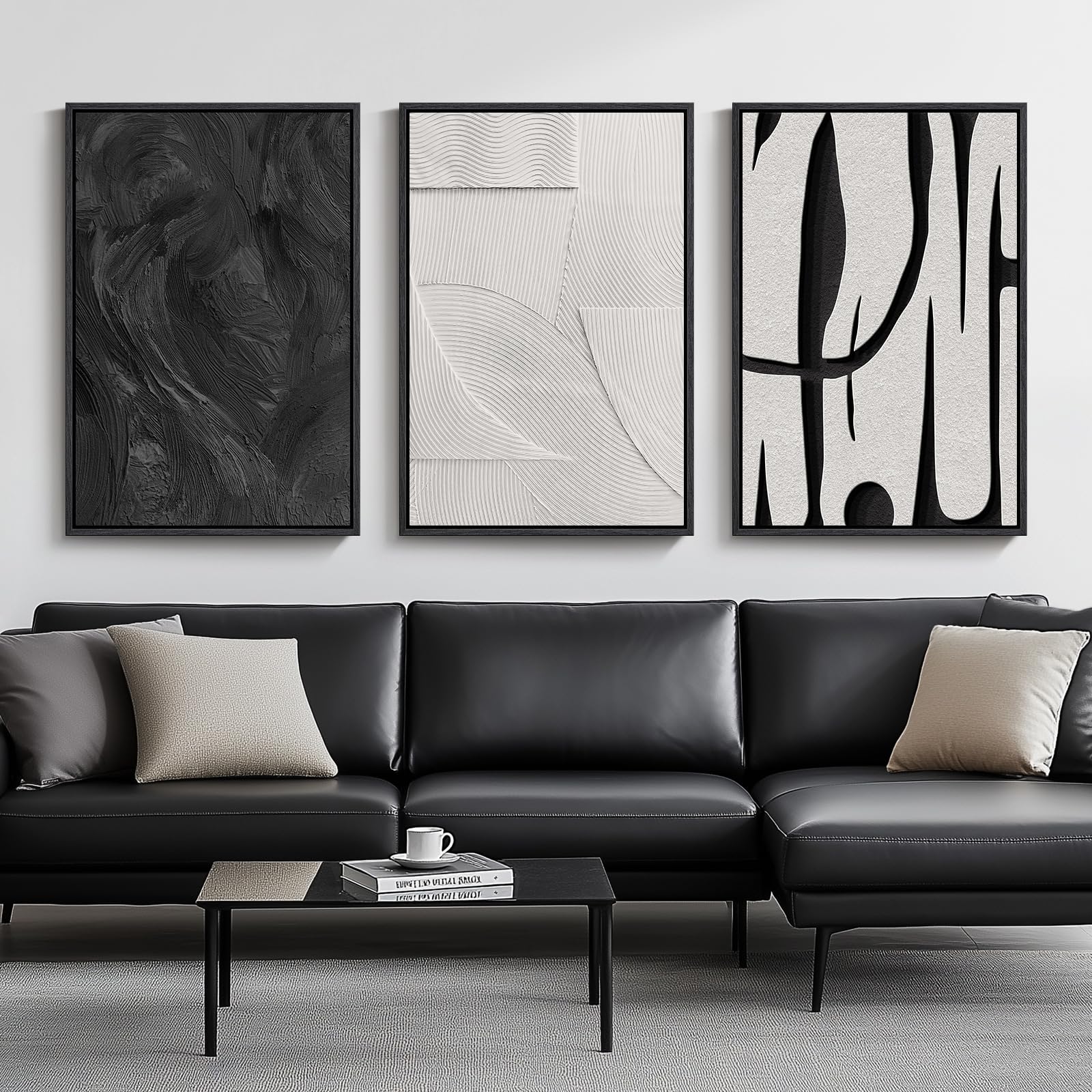 Large Framed Boho Modern Neutral Abstract Wall Art for Living Room, 3 Piece Black and White Canvas Prints Paintings Artwork for Walls, Geometric Pictures for Office Bedroom Dining Room Decor, 24x36 In