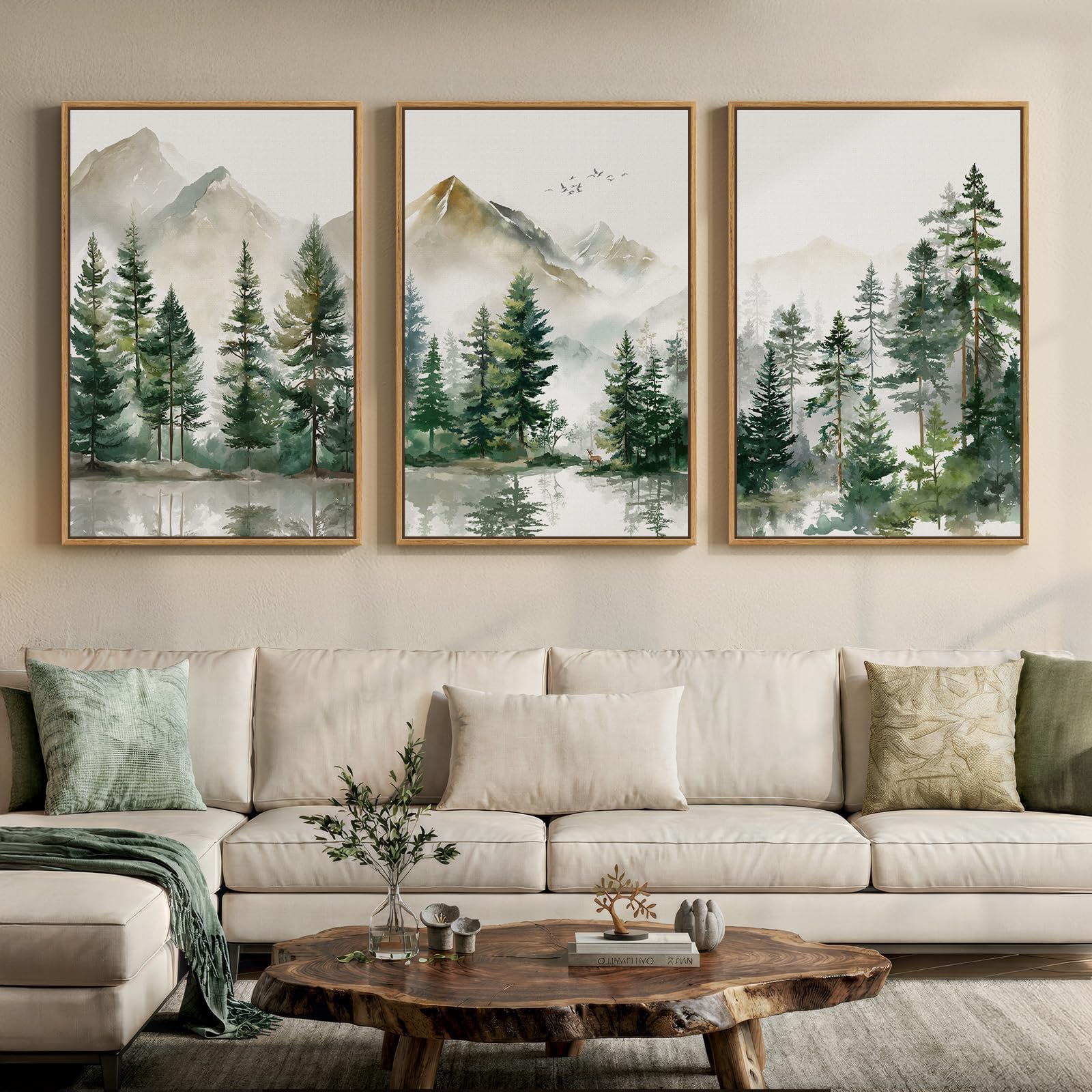 Framed Neutral Wall Art for Living Room, Large 3 Piece Abstract Pastel Grunge Forest Landscape Tree Canvas Artwork Set, Modern Art Decorative Nordic Painting Picture Prints for Hallway Office 24x36 In