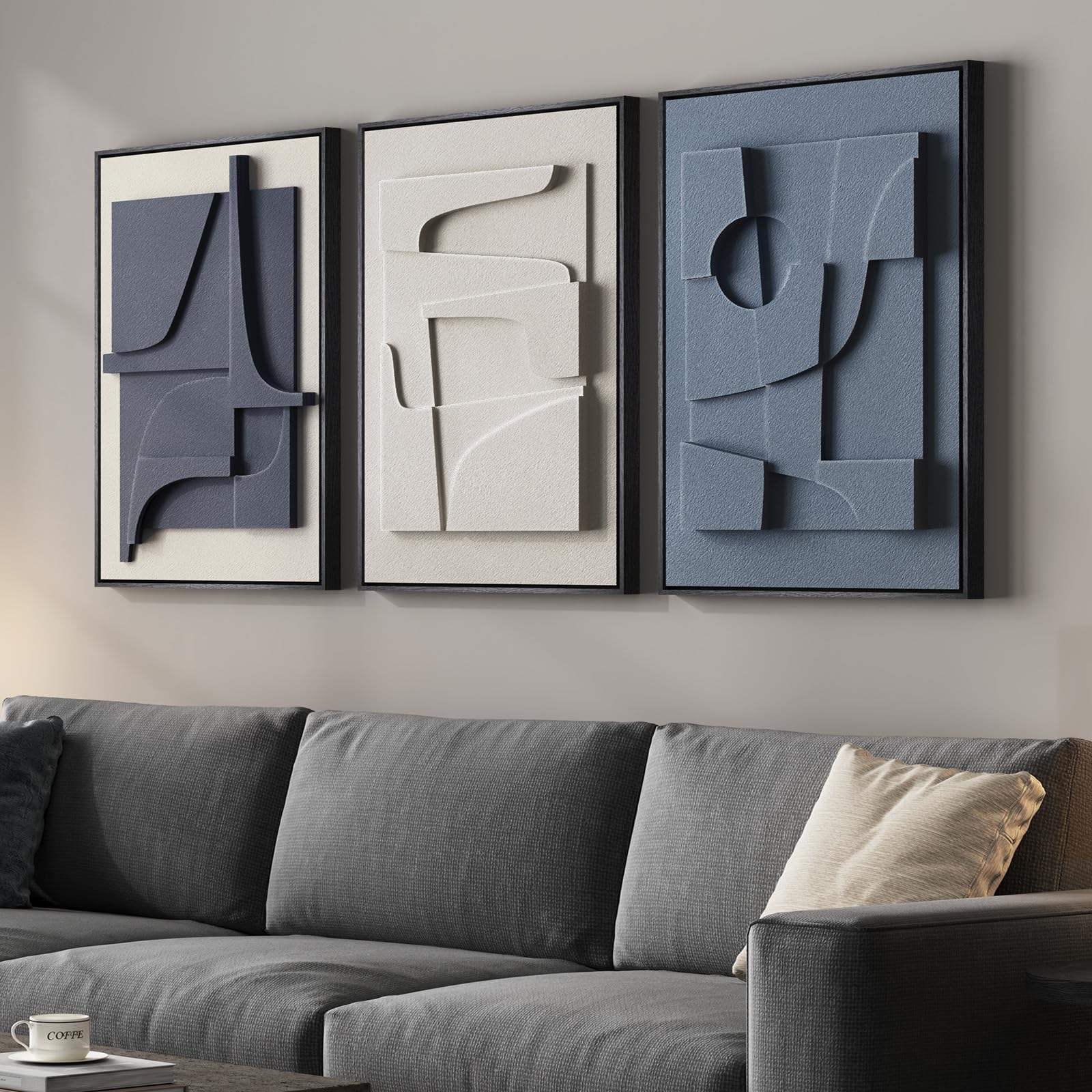 Large 3D Textured Framed Blue and White Abstract Wall Art for Living Room, 3 Piece Modern Artwork for Walls, Minimalist Navy Blue Geometric Paintings for Hallway, Stair, Office Wall Decor 24x36 In